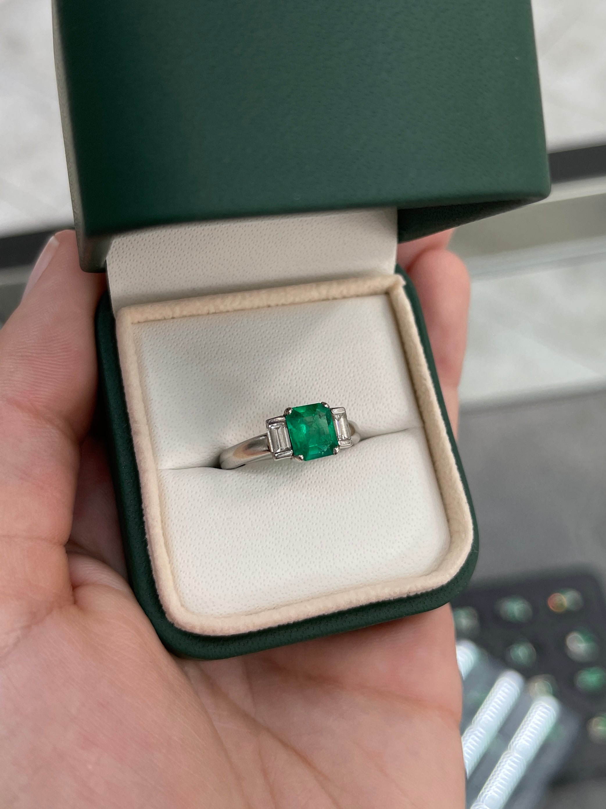 1.72tcw Elegant Three Stone Baguette Diamond & Emerald Ring 14K - JR Colombian Emeralds