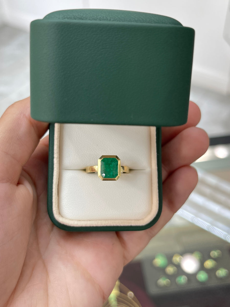 2.10cts Bezel Set Dark Emerald Solitaire 18k Engagement Classic Ring