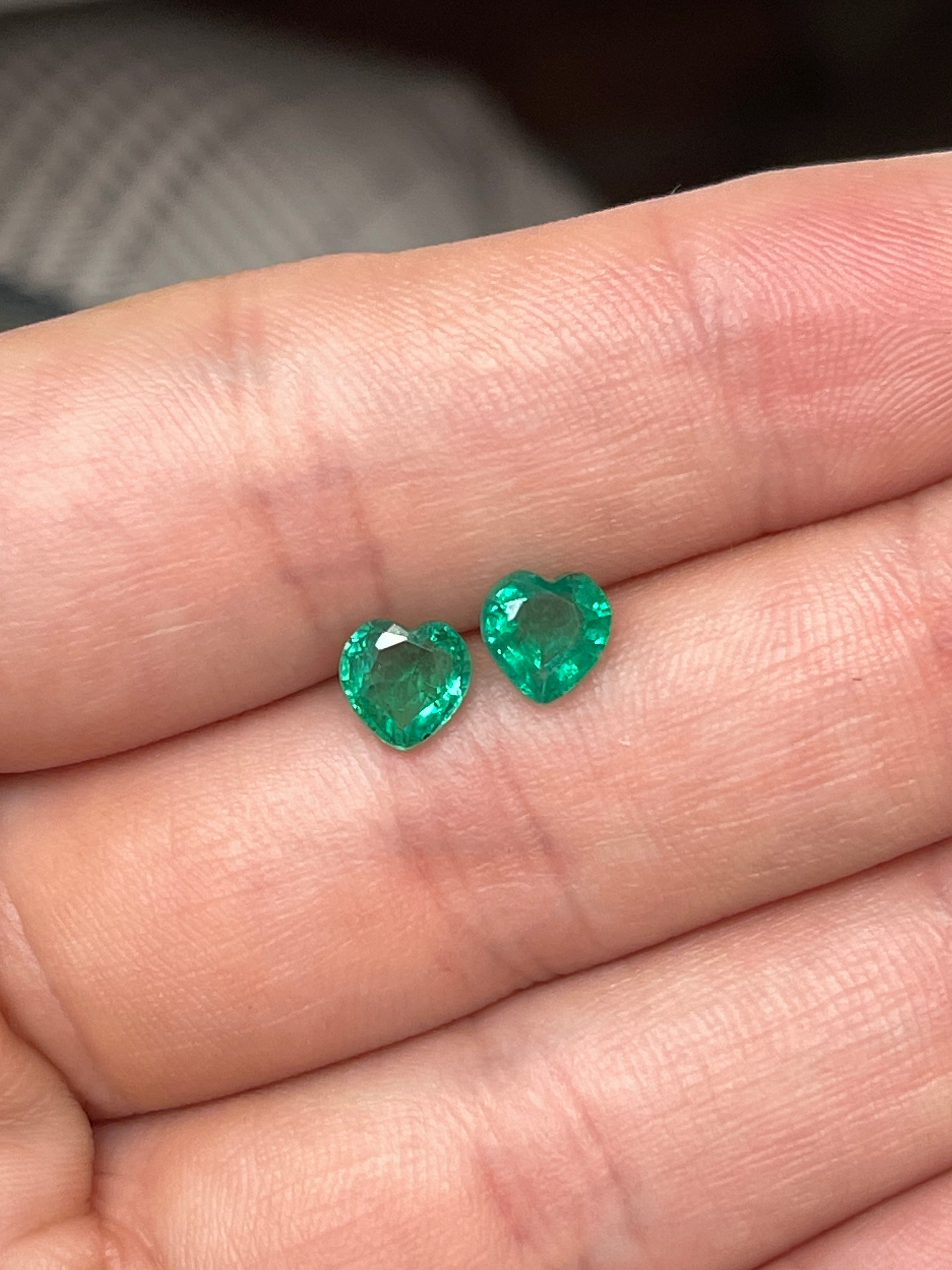 1.54tcw 6x6 Matching Pair Green Natural Loose Zambian Emerald Hearts - JR Colombian Emeralds