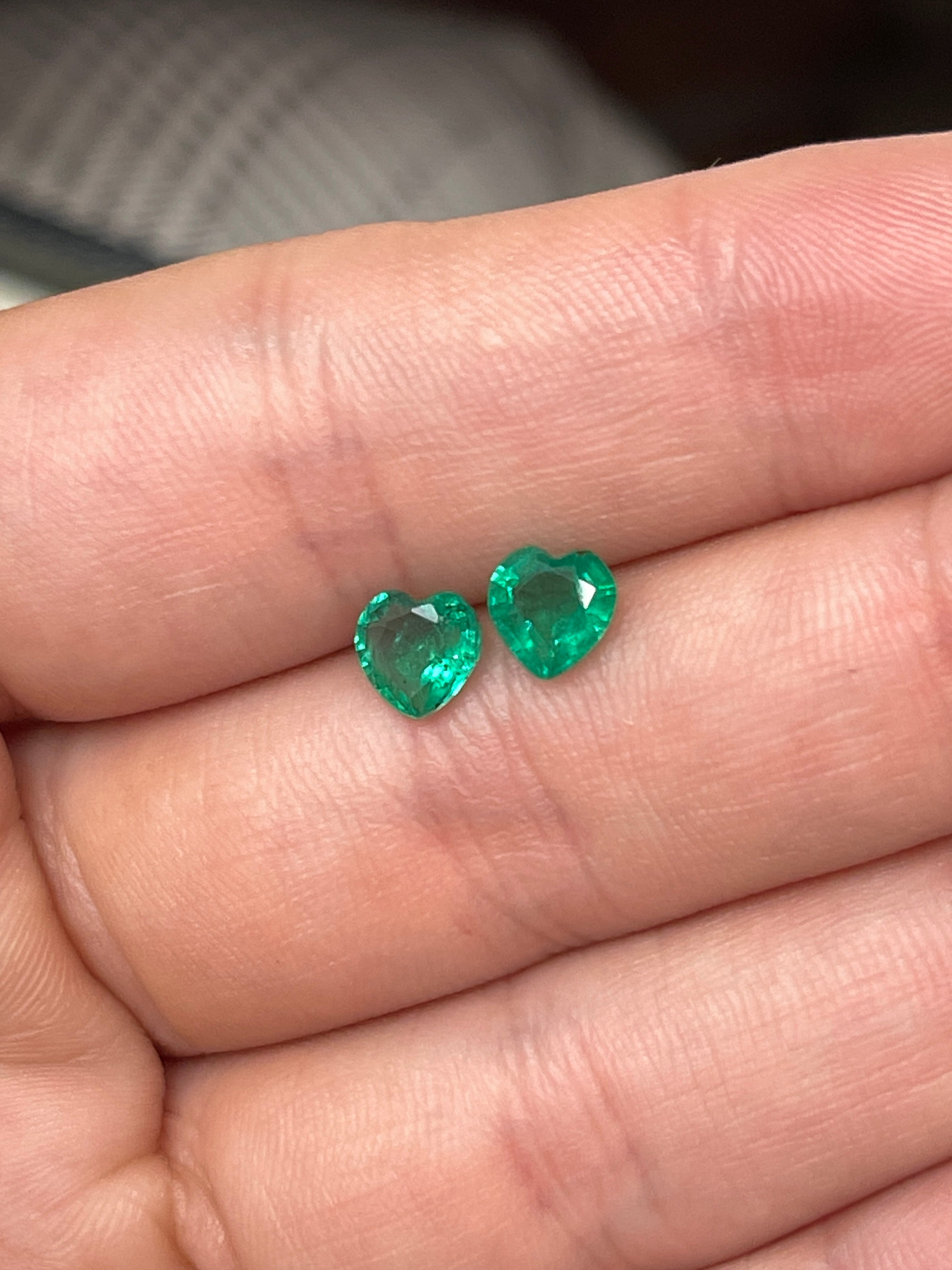 1.54tcw 6x6 Matching Pair Green Natural Loose Zambian Emerald Hearts - JR Colombian Emeralds