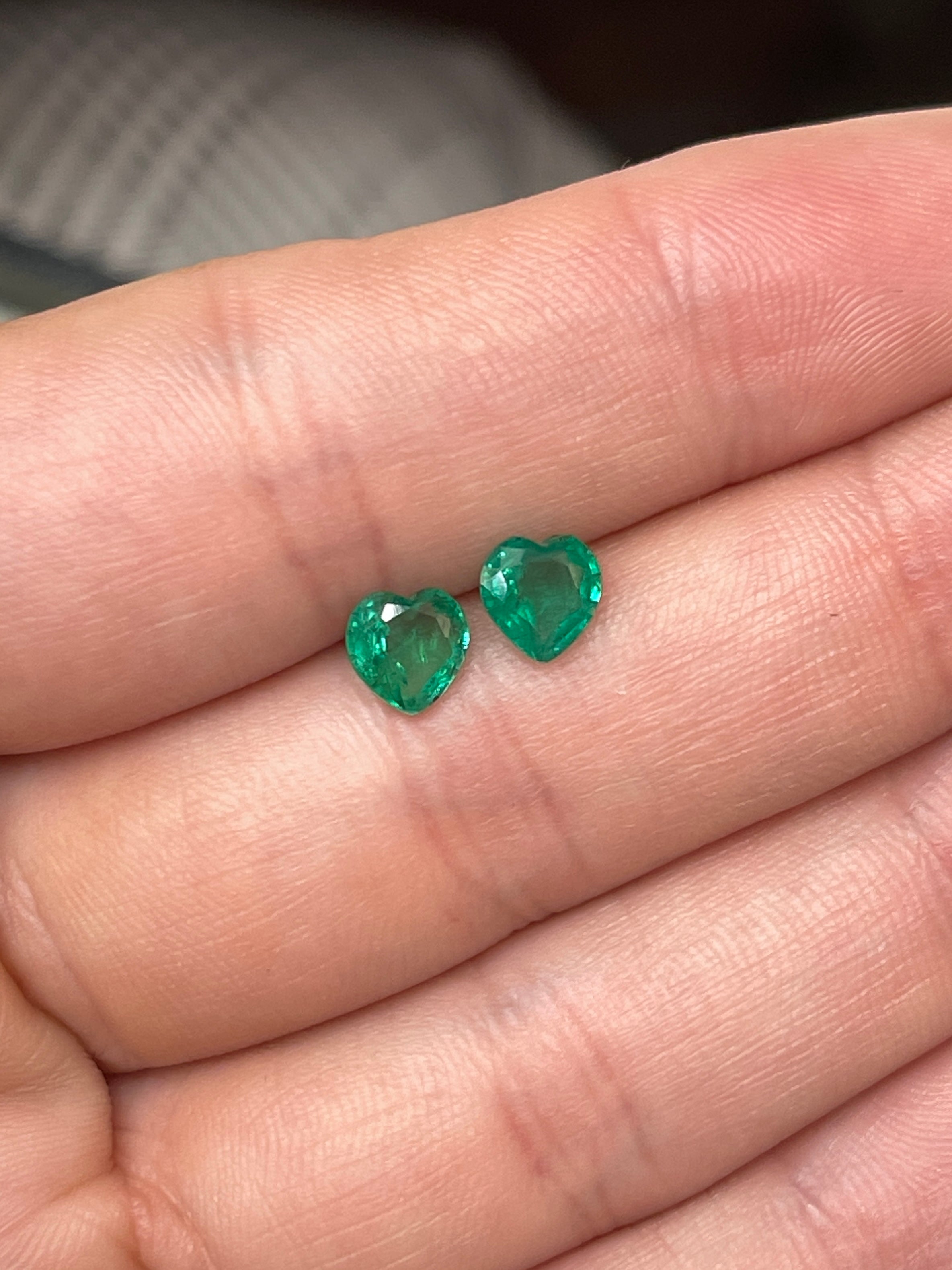 1.54tcw 6x6 Matching Pair Green Natural Loose Zambian Emerald Hearts - JR Colombian Emeralds