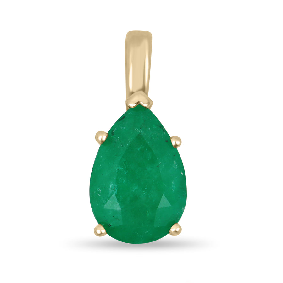 3.09 Carat Medium Green Colombian Emerald Pear Solitaire Pendant 14K