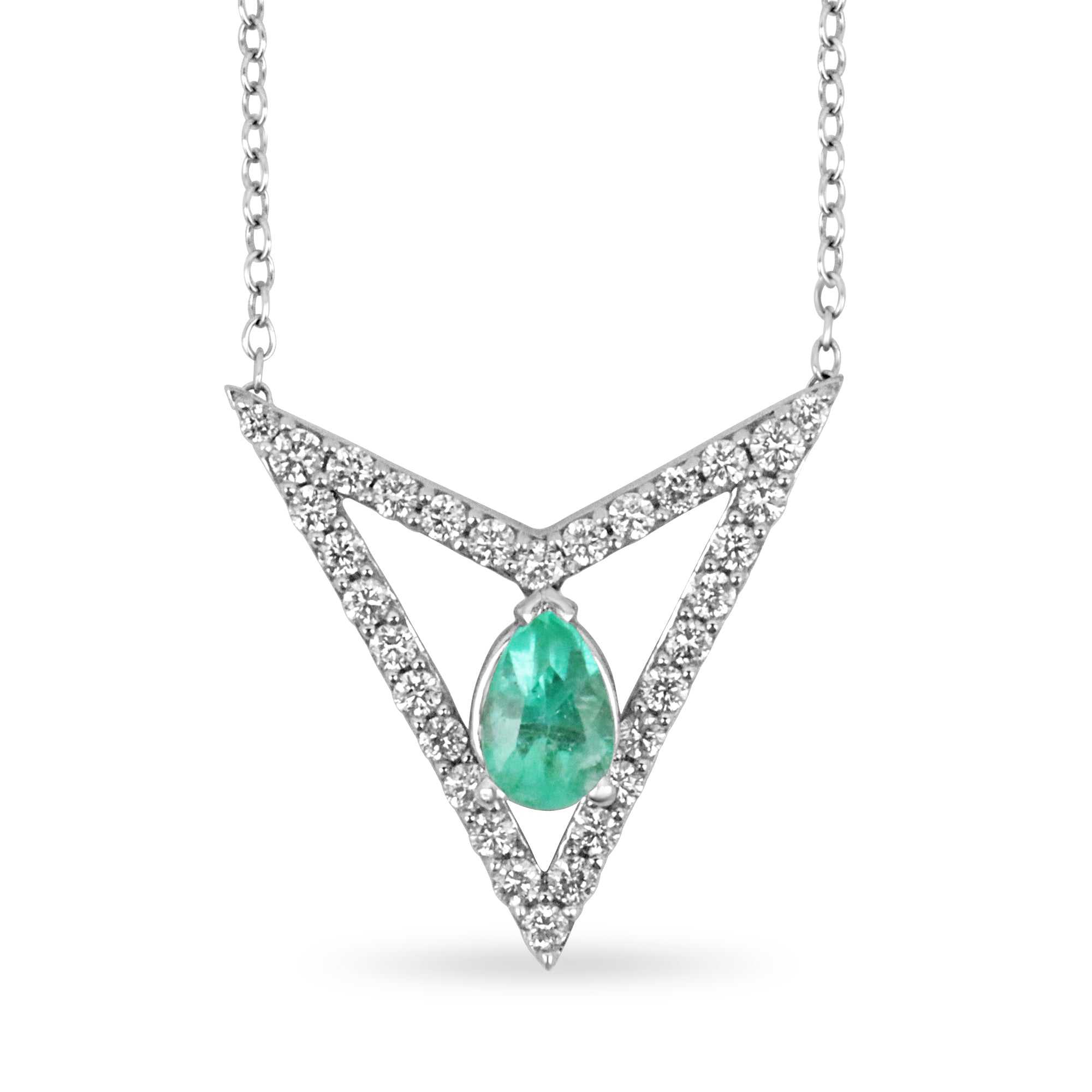 1.80tcw Floating Pear Emerald & VS Diamond Triangle Geometrical Necklace 14K - JR Colombian Emeralds