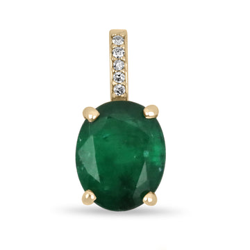 2.82tcw Deep Dark Green Natural Oval Cut Emerald & Diamond Pendant 18K