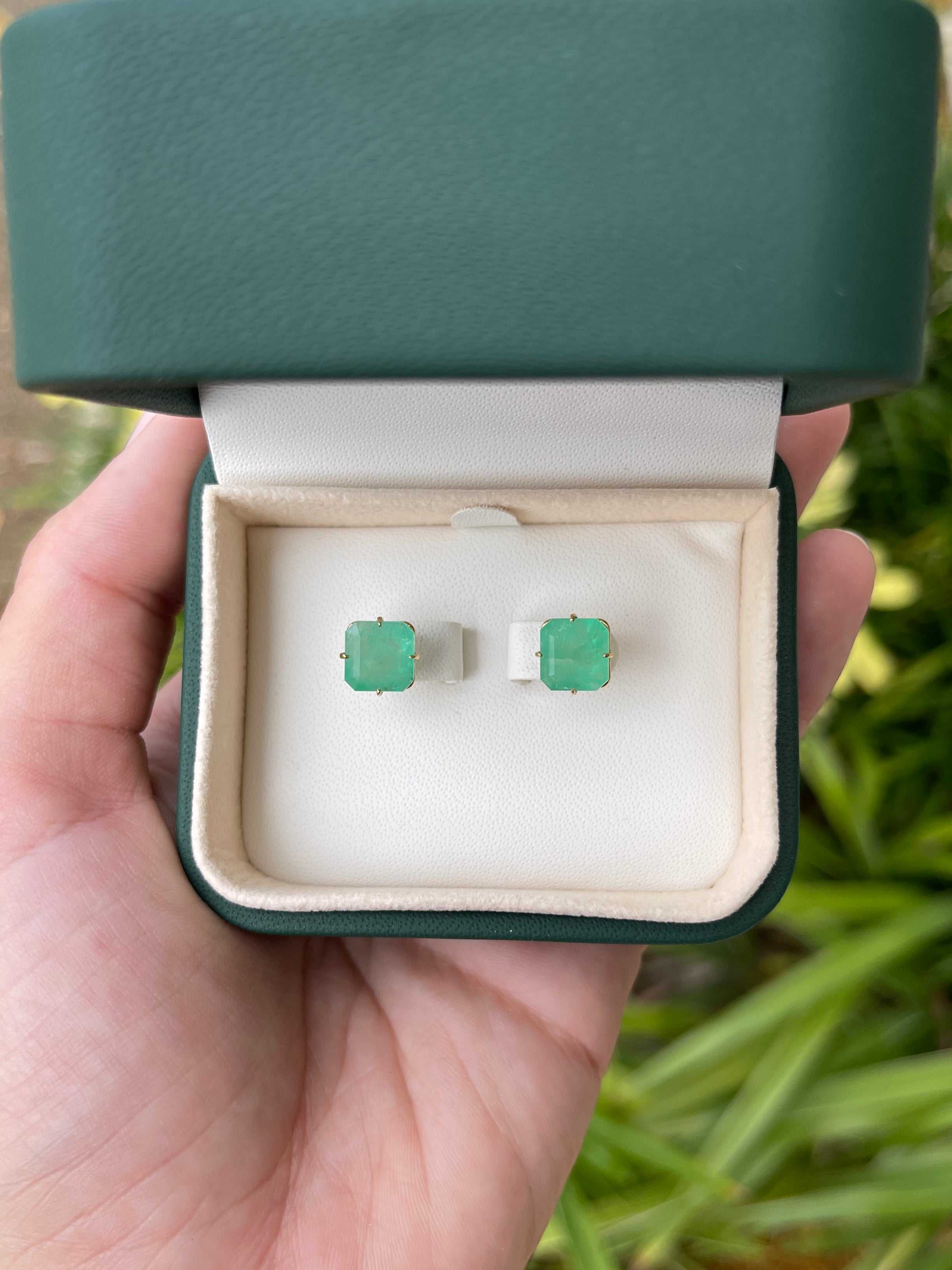 5.57tcw Off Set Four Prong Colombian Emerald Stud Earrings 14K - JR Colombian Emeralds