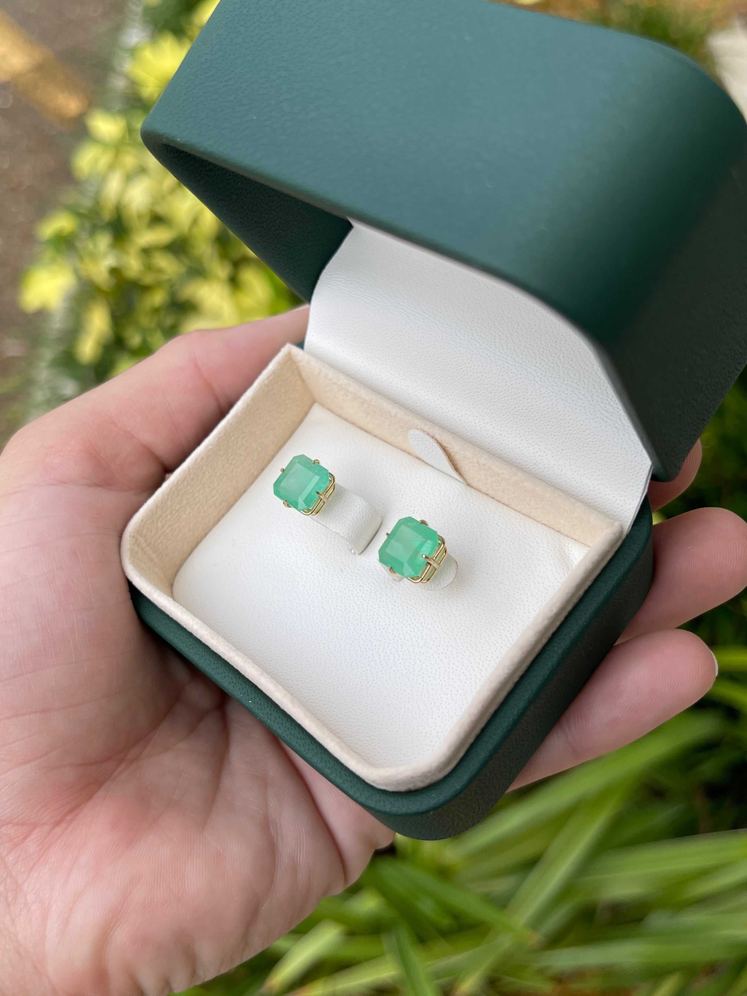 5.57tcw Off Set Four Prong Colombian Emerald Stud Earrings 14K - JR Colombian Emeralds