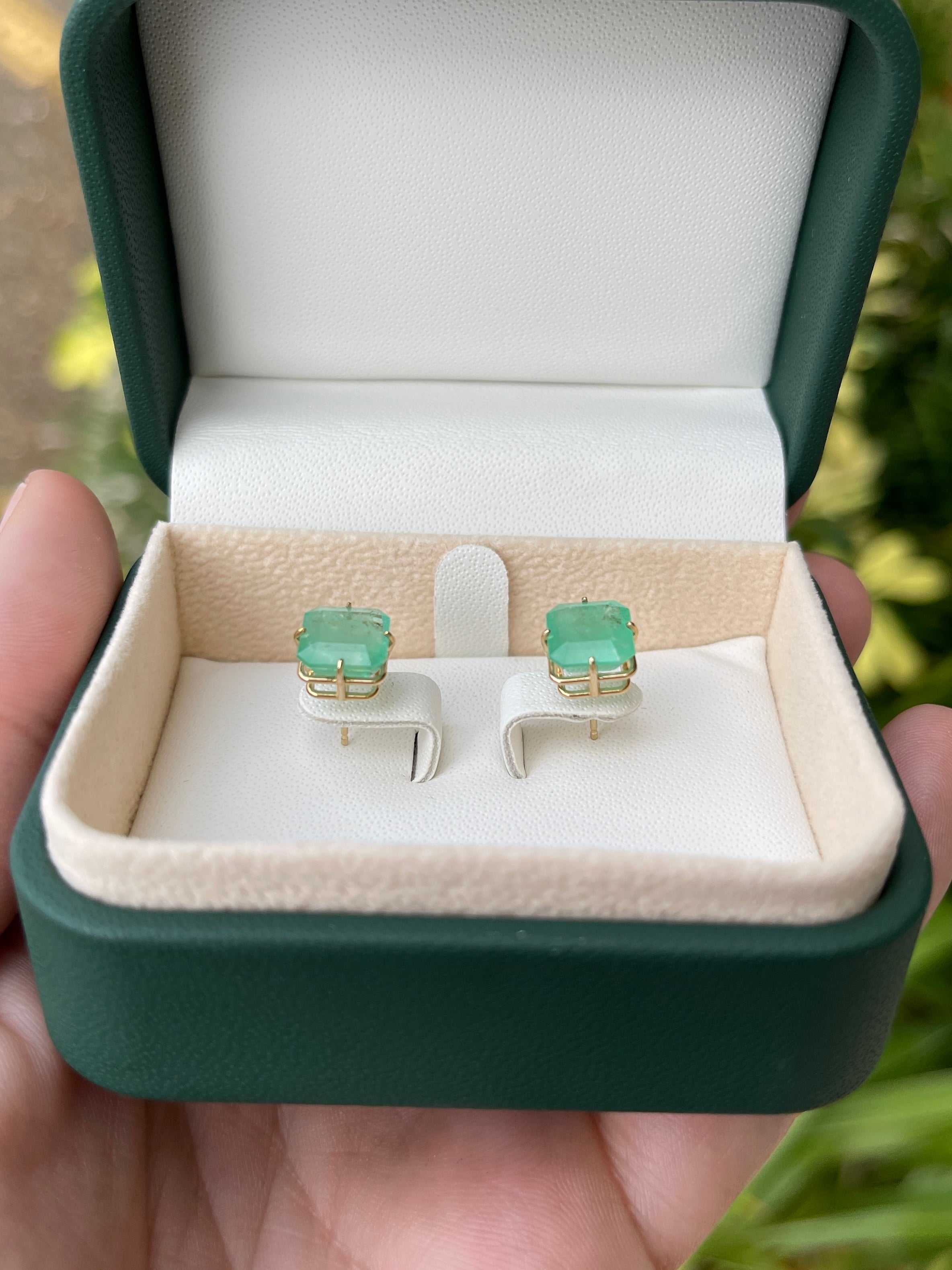 5.57tcw Off Set Four Prong Colombian Emerald Stud Earrings 14K - JR Colombian Emeralds