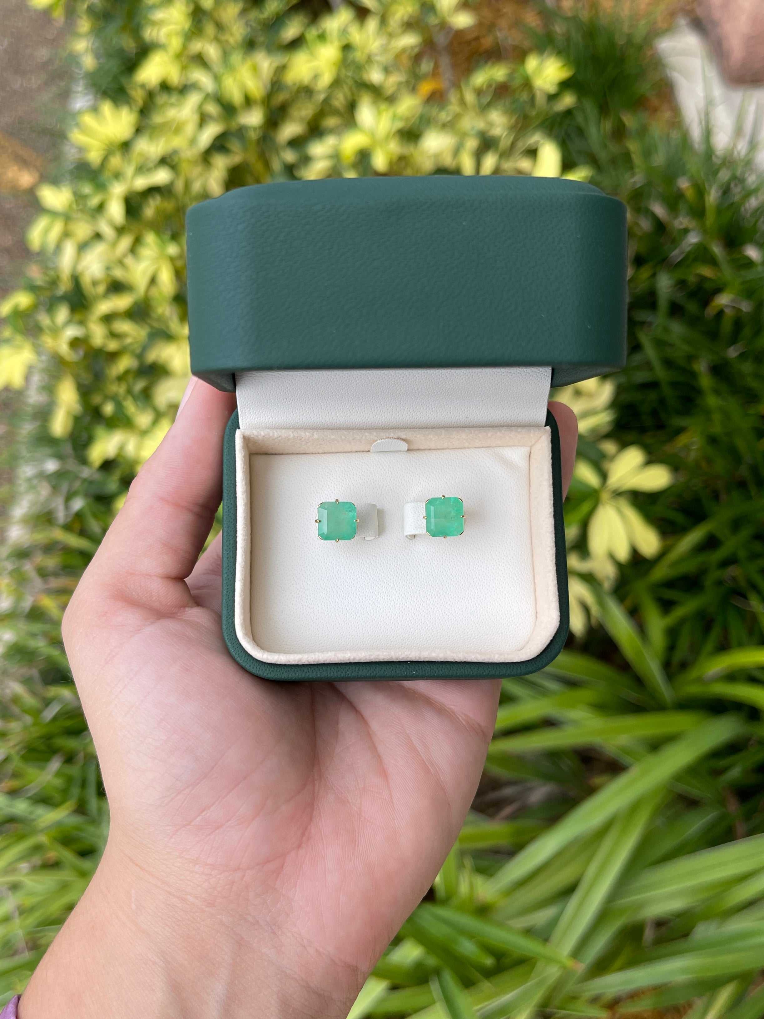 5.57tcw Off Set Four Prong Colombian Emerald Stud Earrings 14K - JR Colombian Emeralds