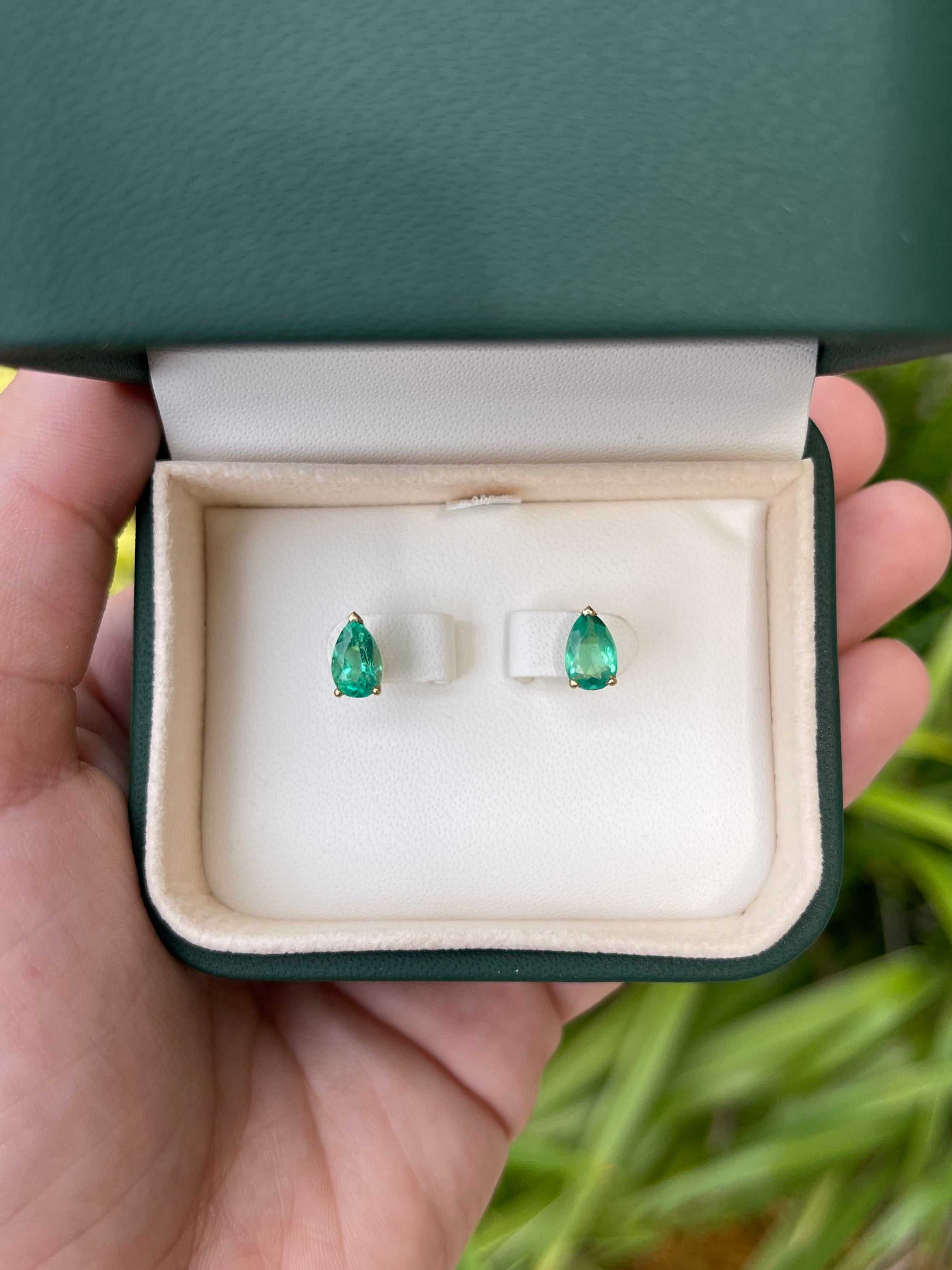 2.0tcw Medium Green Colombian Emerald Teardrop Stud Earrings 14K - JR Colombian Emeralds