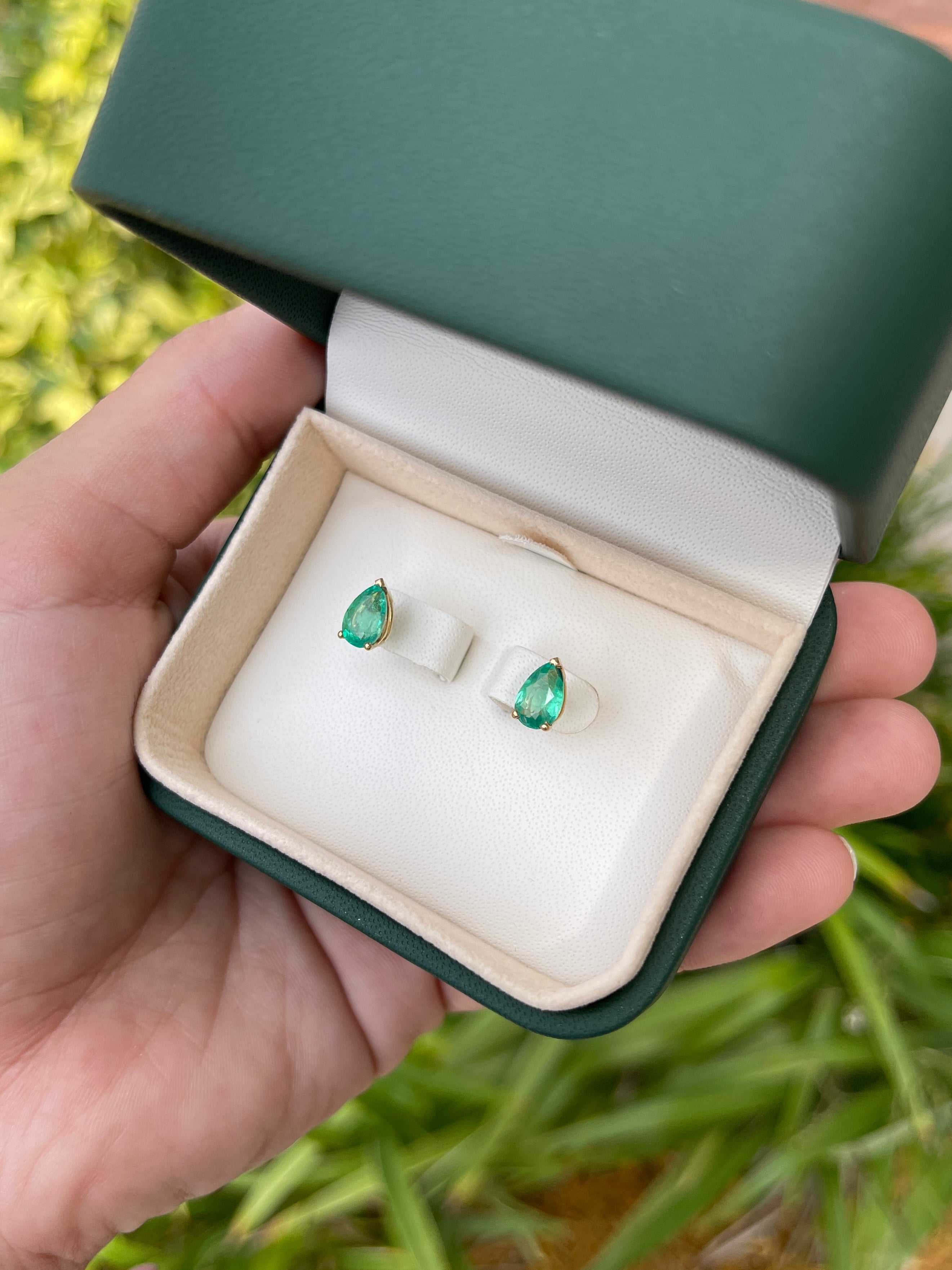 2.0tcw Medium Green Colombian Emerald Teardrop Stud Earrings 14K - JR Colombian Emeralds