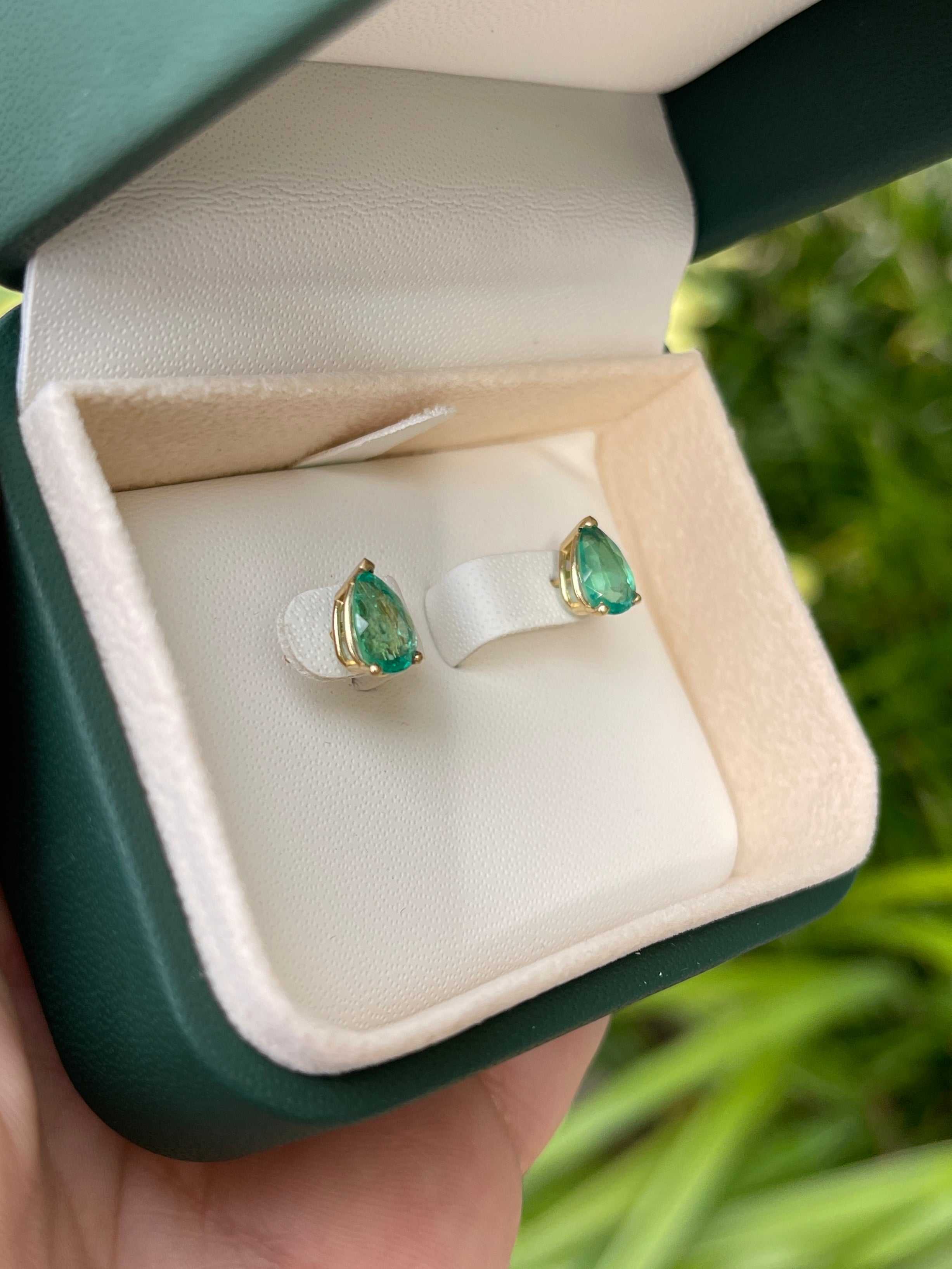 2.0tcw Medium Green Colombian Emerald Teardrop Stud Earrings 14K - JR Colombian Emeralds