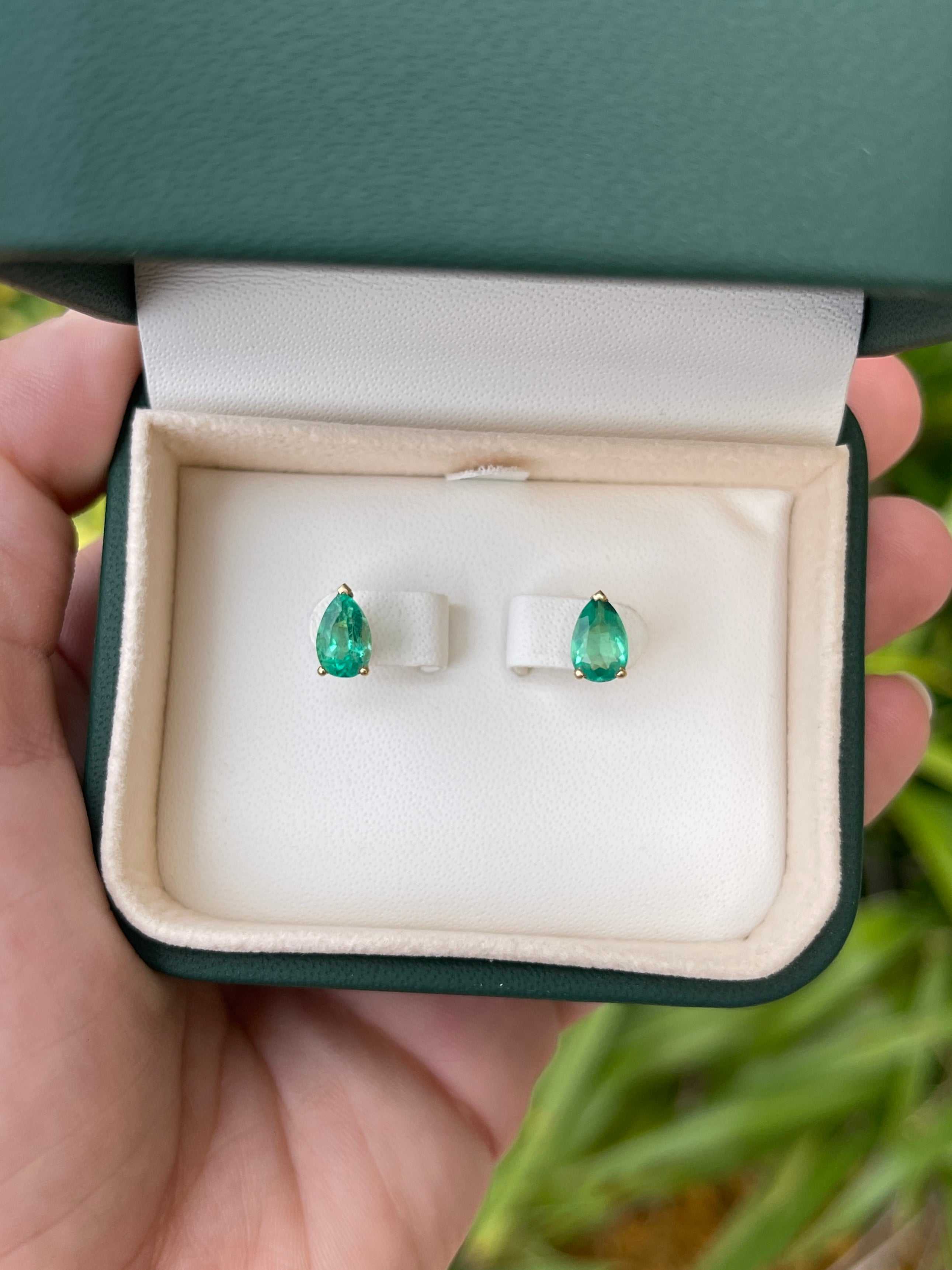 2.0tcw Medium Green Colombian Emerald Teardrop Stud Earrings 14K - JR Colombian Emeralds