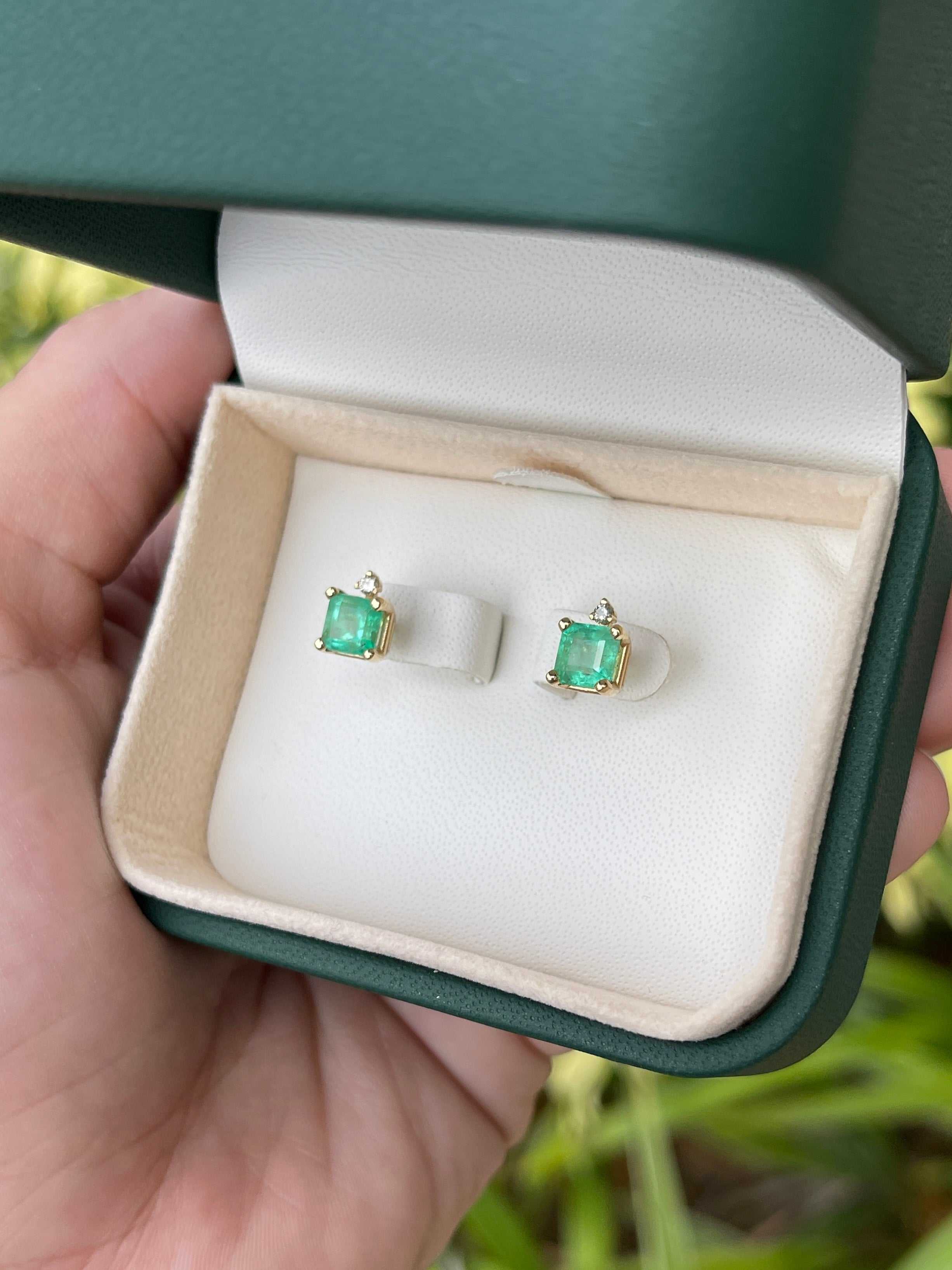 2.07tcw Emerald & Diamond Accent Stud Earrings 14K - JR Colombian Emeralds