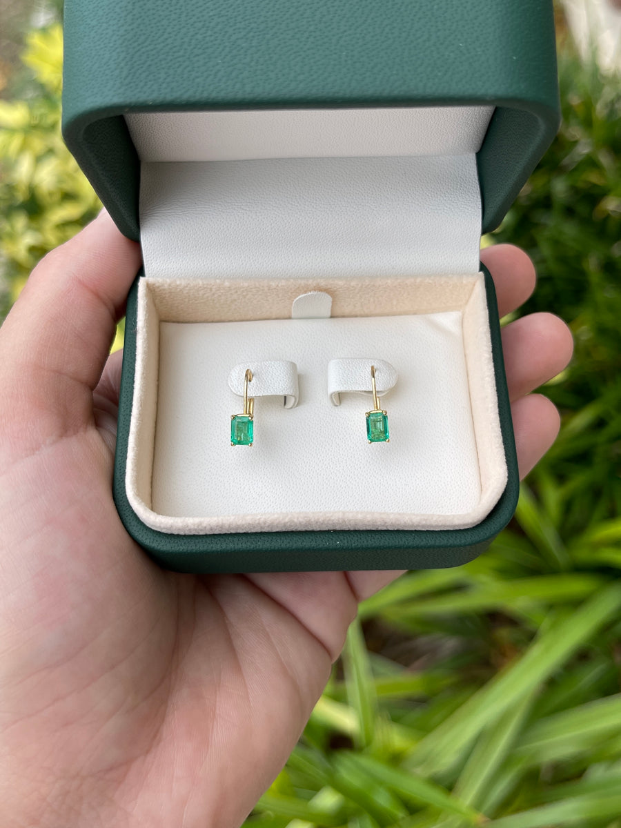 1.50tcw Emerald Cut Natural Emerald Prong Set Lever Back Earrings 14K