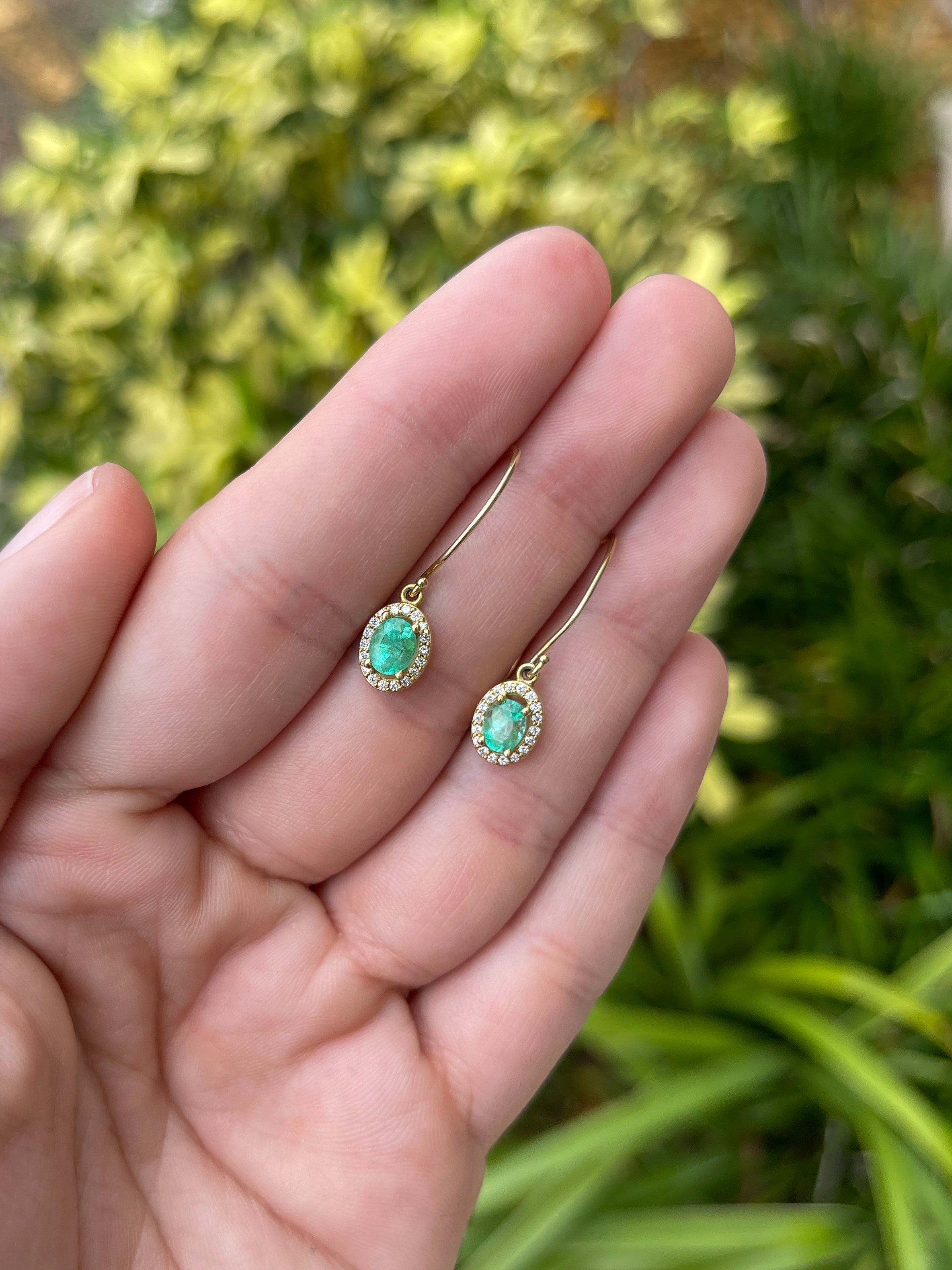 1.18tcw Oval Emerald & Diamond Halo Wire Earrings 14K - JR Colombian Emeralds