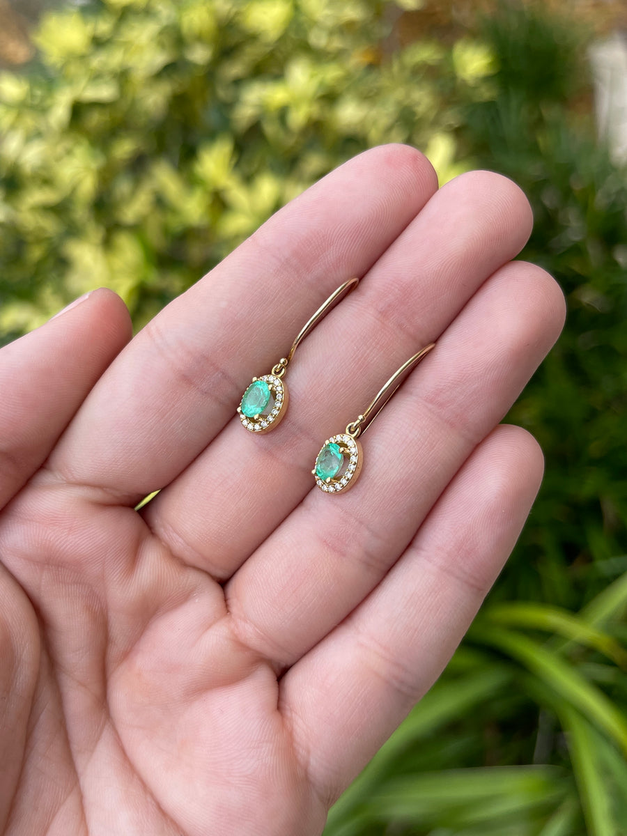 1.18tcw Oval Emerald & Diamond Halo Wire Earrings 14K