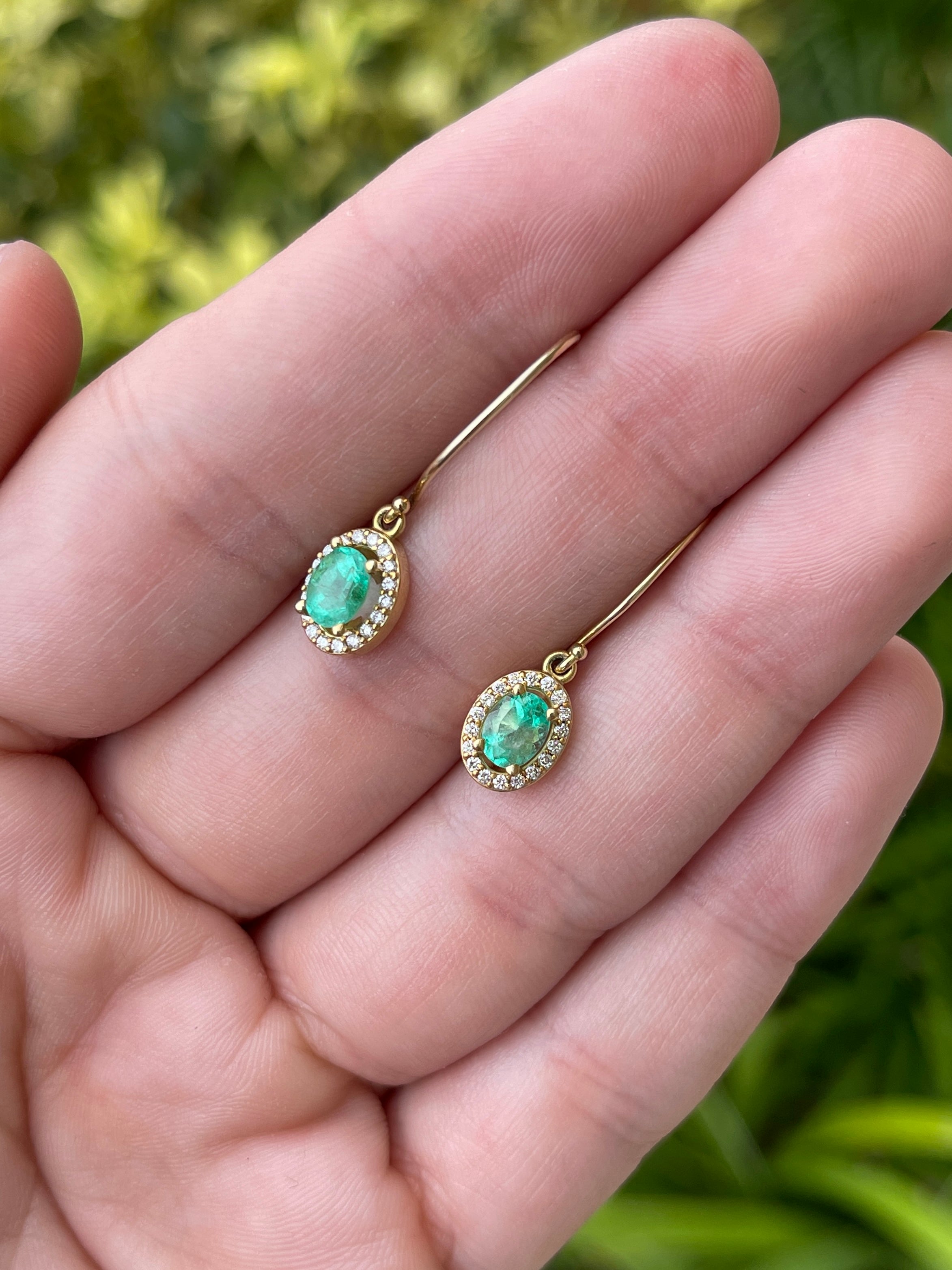 1.18tcw Oval Emerald & Diamond Halo Wire Earrings 14K - JR Colombian Emeralds