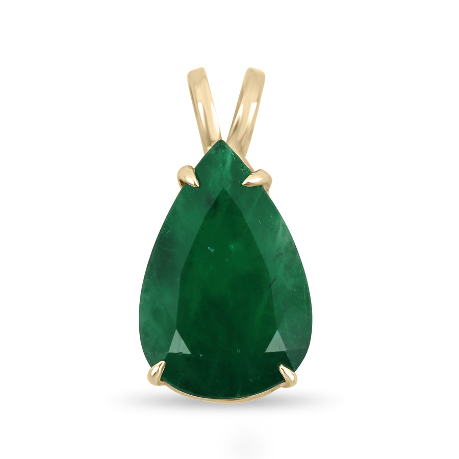 Double Bail Huge 10.05-Carat Dark Green Emerald Solitaire Pear Cut Gold Pendant