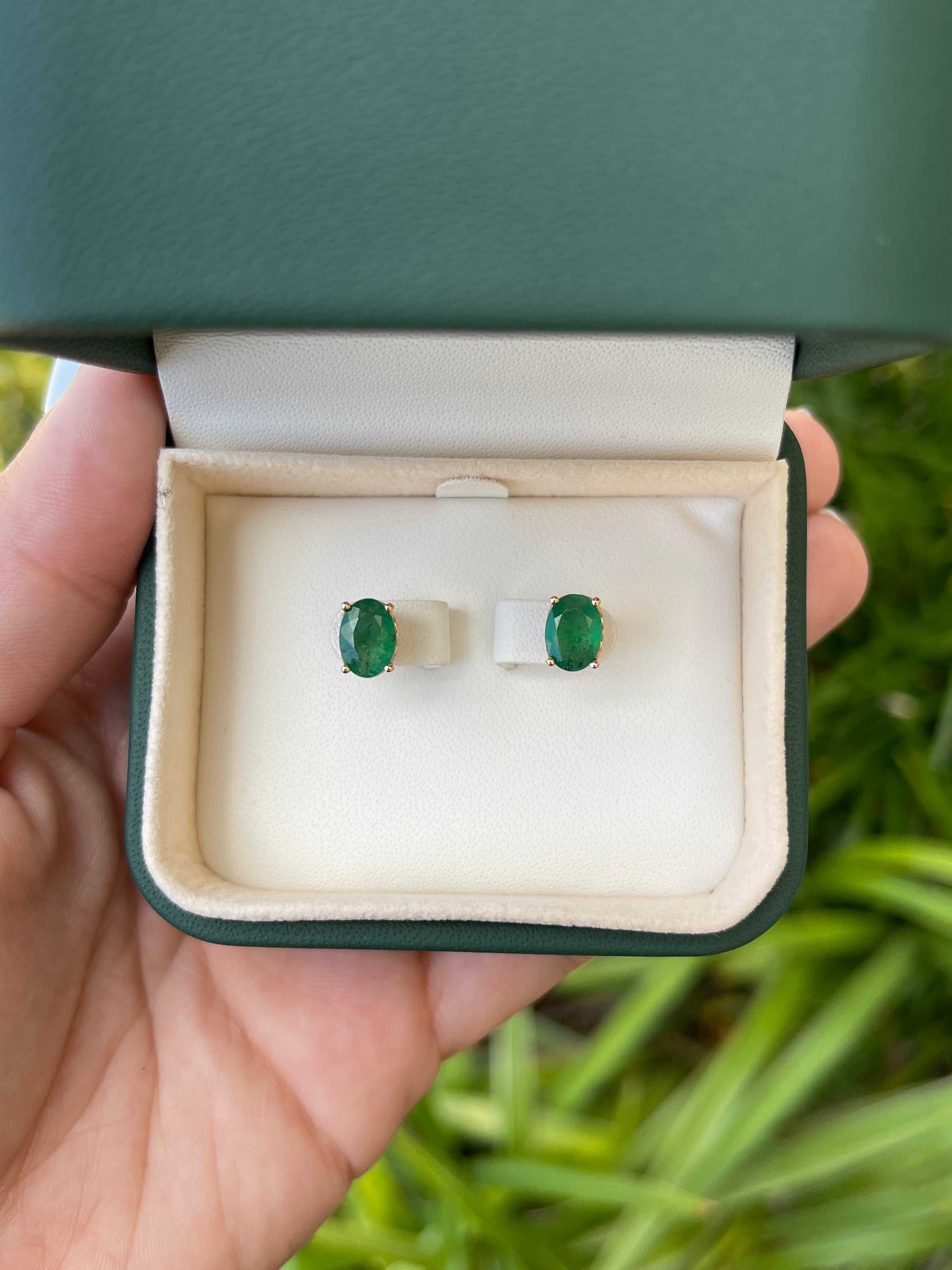 Oval Cut 2.50tcw Dark Sea Green Emerald Earrings 14K