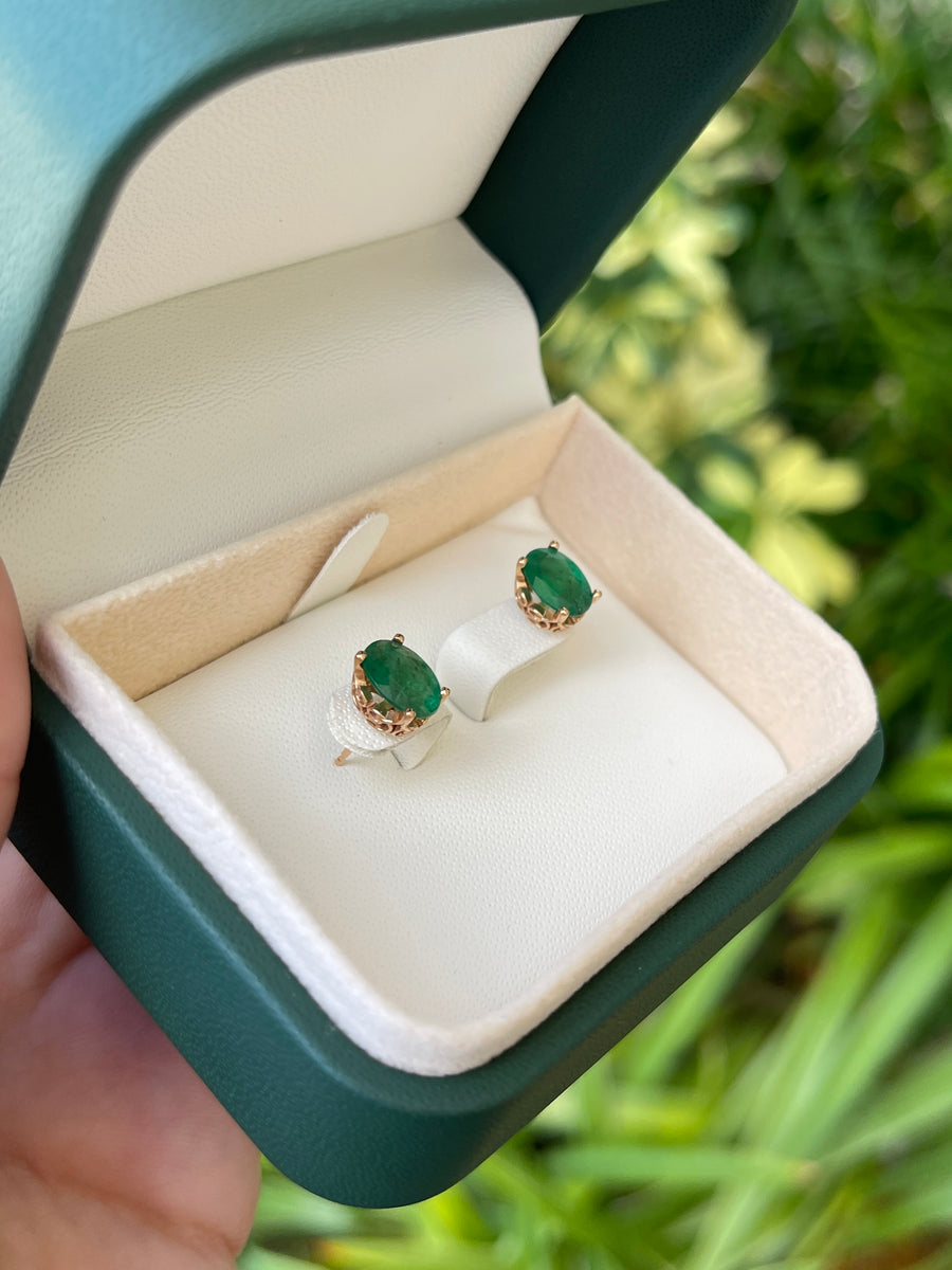 Oval Shape 2.50tcw Dark Sea Green Emerald Earrings 14K