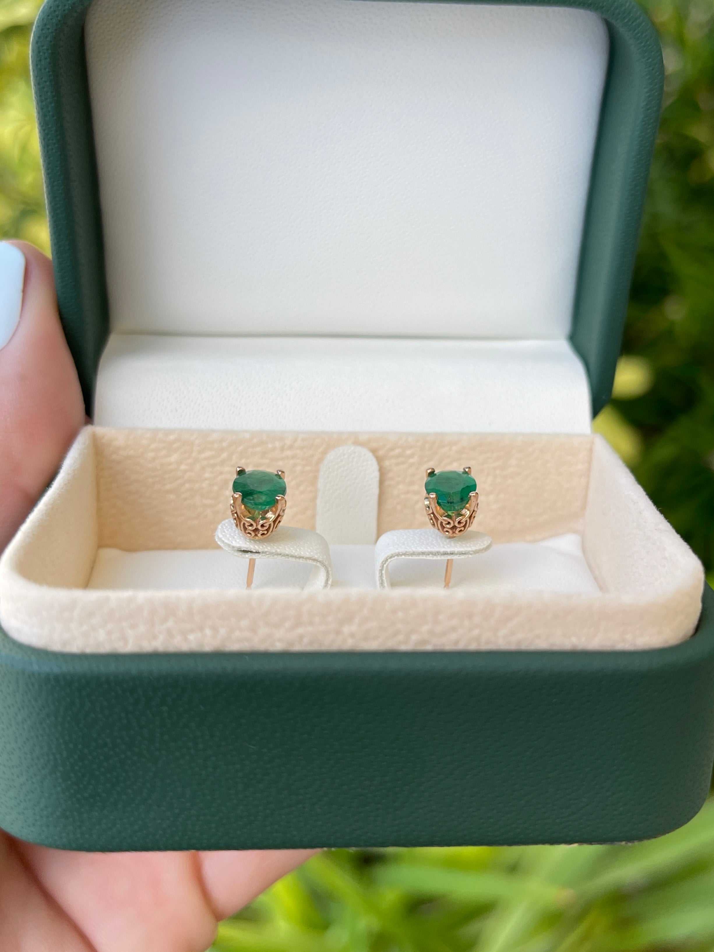 2.50tcw Fleur De Lis Oval Cut Dark Sea Green Emerald Earrings 14K - JR Colombian Emeralds