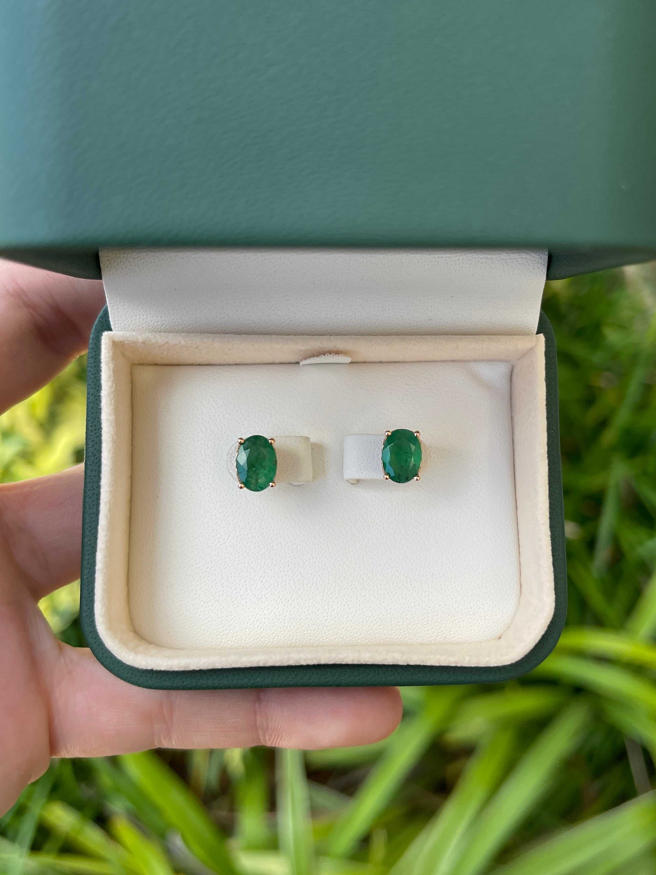 2.50tcw Fleur De Lis Oval Cut Dark Sea Green Emerald Earrings 14K - JR Colombian Emeralds