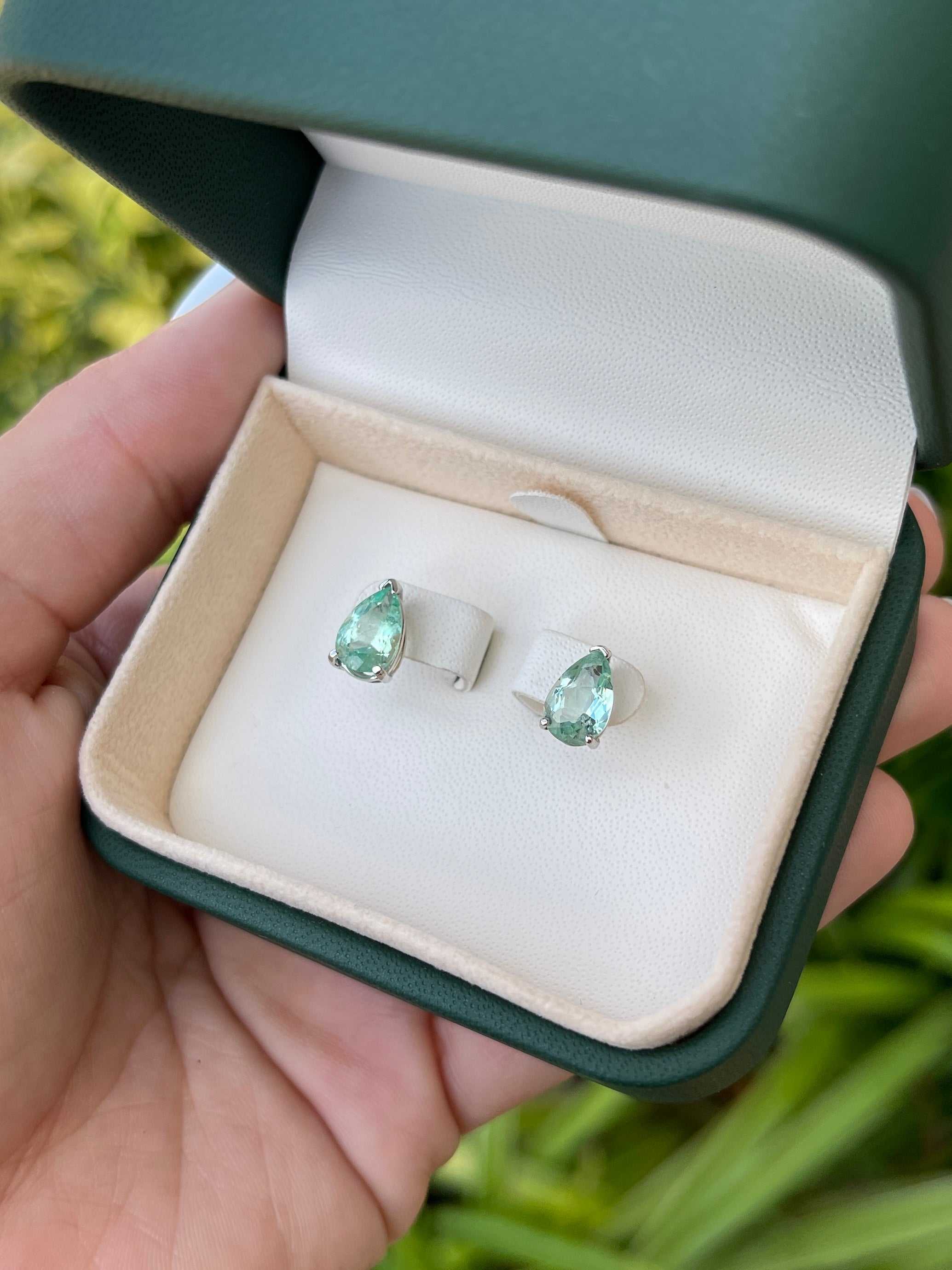 2.50tcw Light Green Emerald Tear Drop Solitaire Stud Earrings 14K - JR Colombian Emeralds