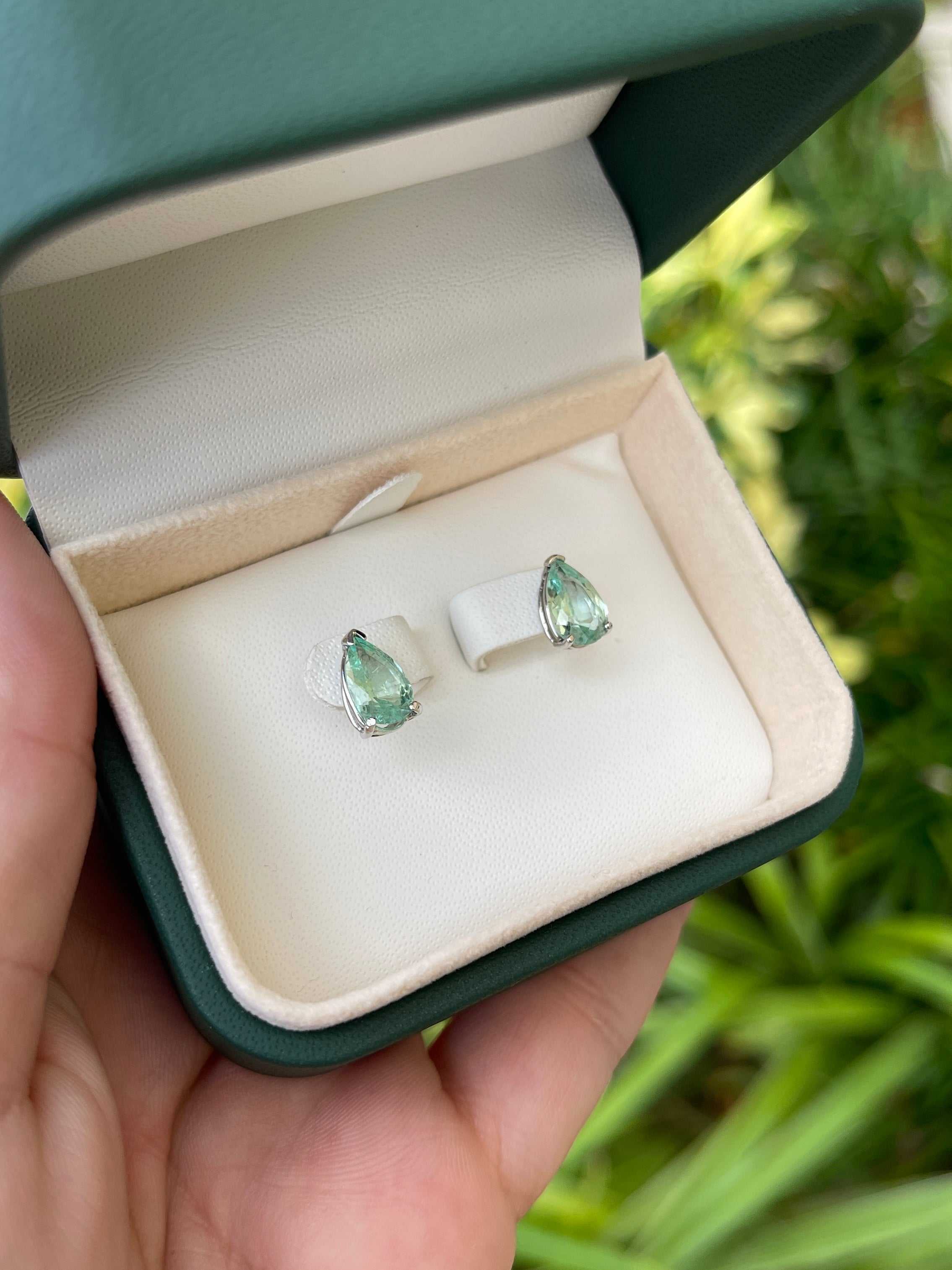 2.50tcw Light Green Emerald Tear Drop Solitaire Stud Earrings 14K - JR Colombian Emeralds