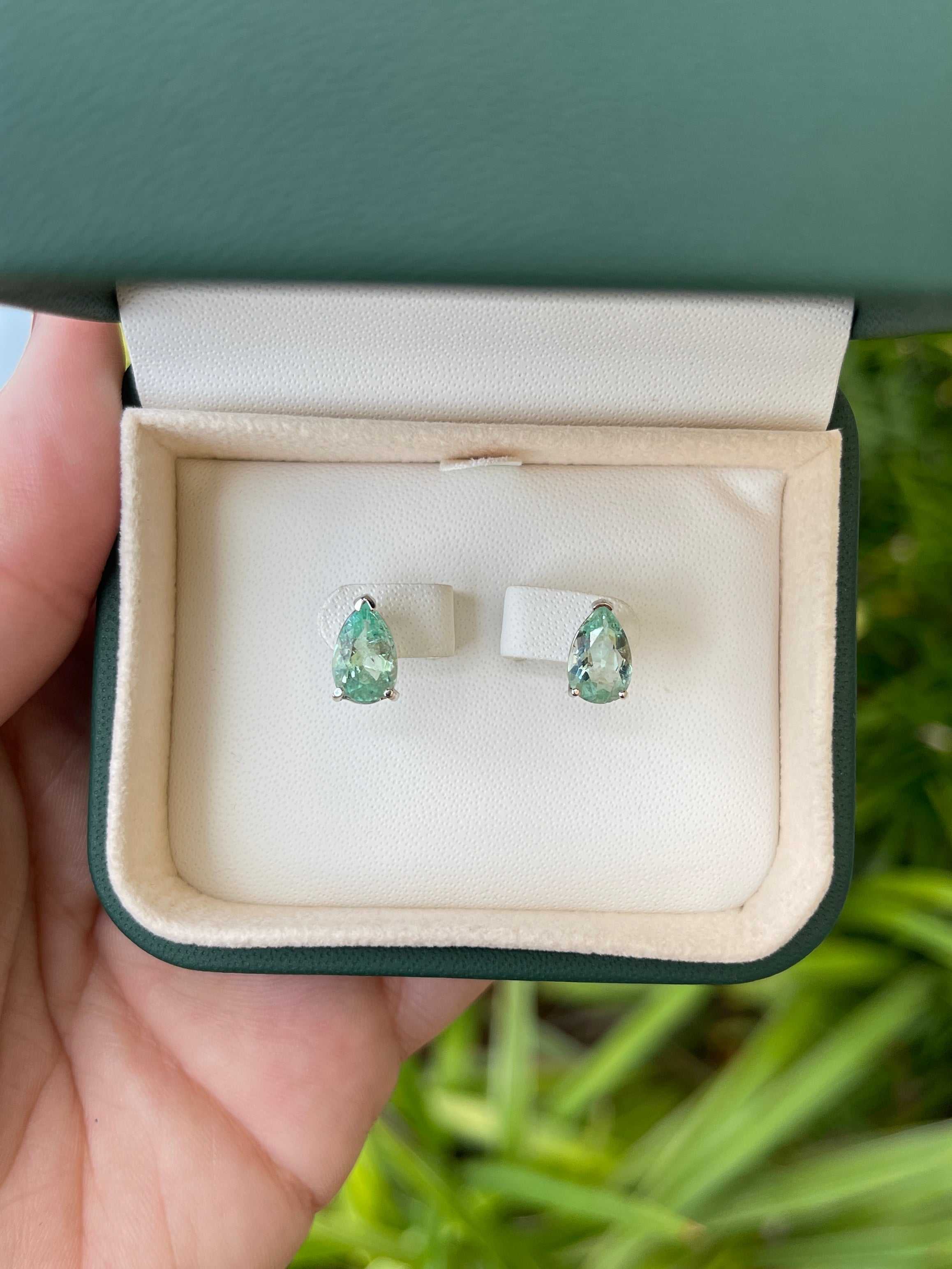 2.50tcw Light Green Emerald Tear Drop Solitaire Stud Earrings 14K - JR Colombian Emeralds