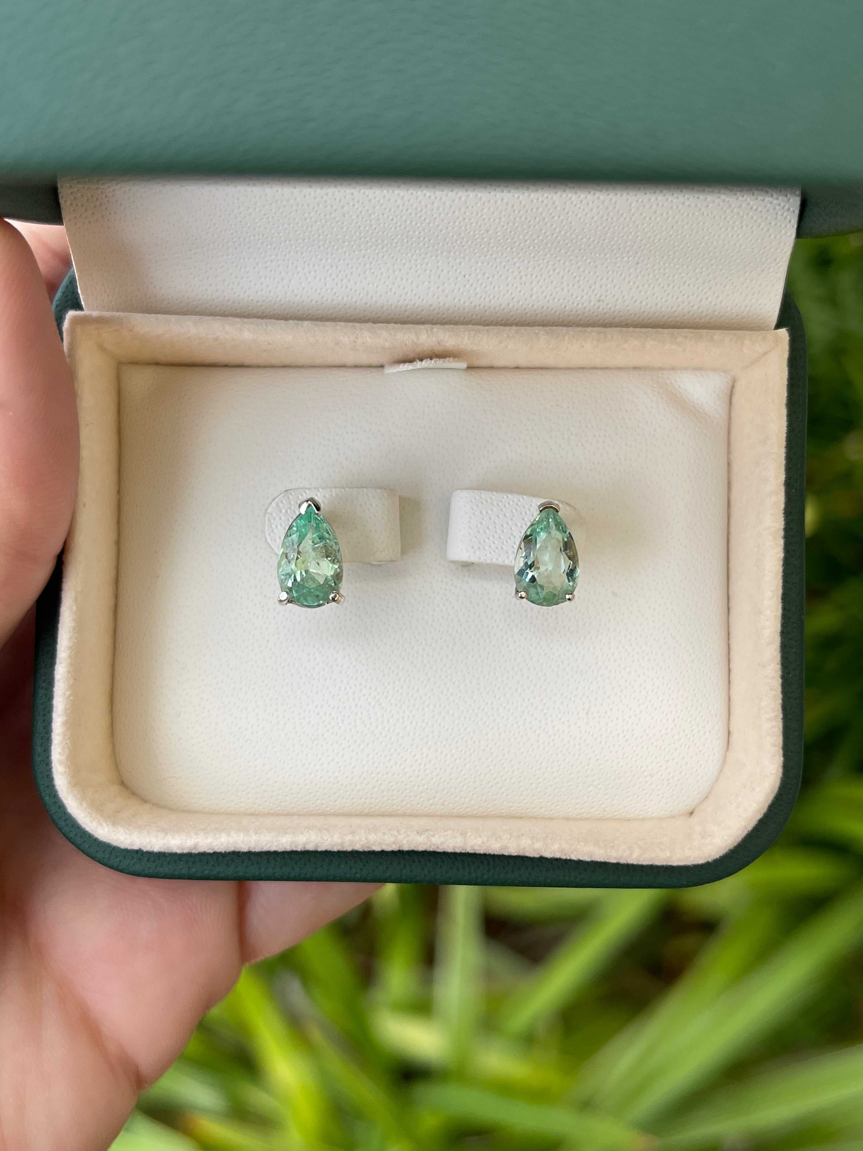 2.50tcw Light Green Emerald Tear Drop Solitaire Stud Earrings 14K - JR Colombian Emeralds