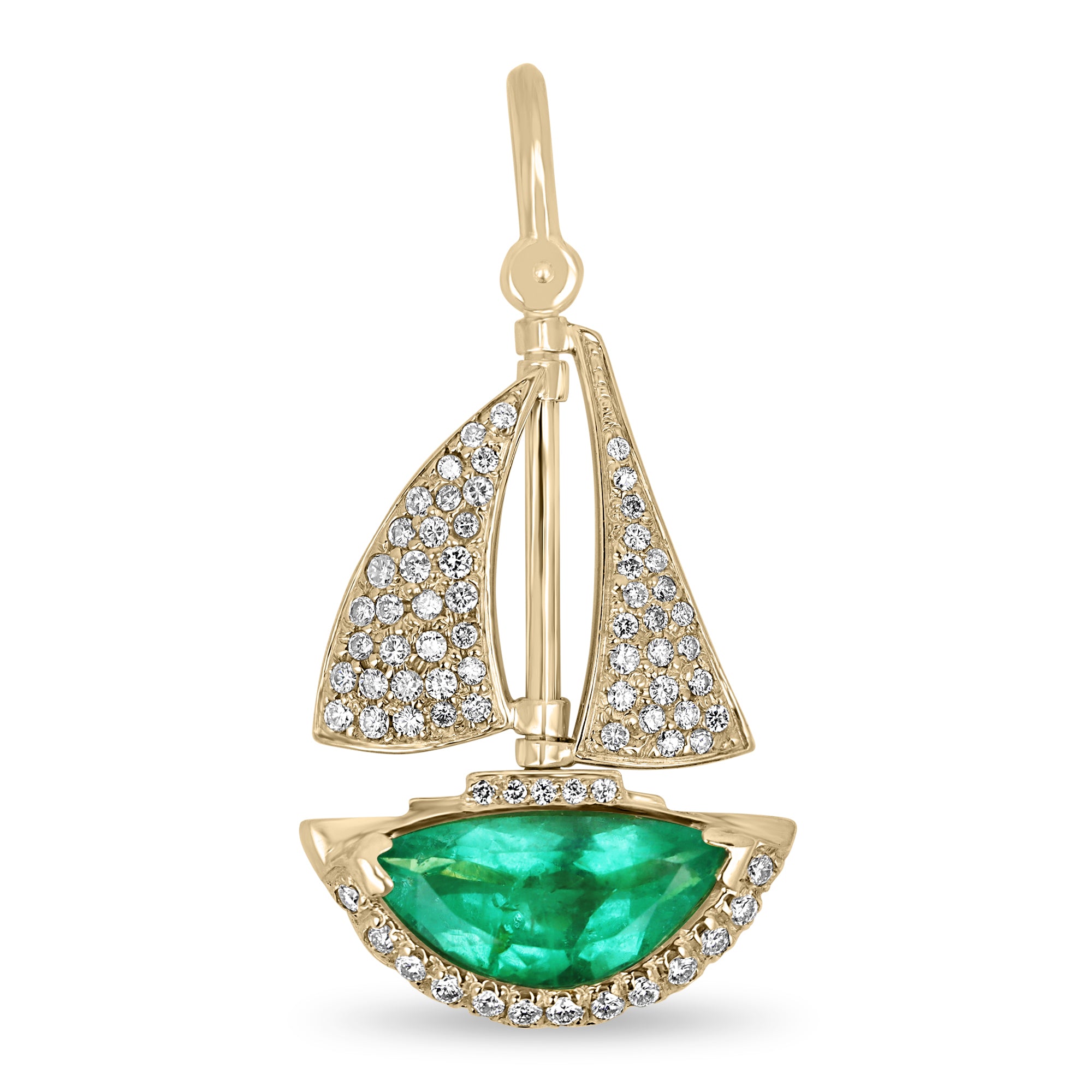 6.61tcw AAA Quality Colombian Emerald & Diamond Sail Boat 14K Handmade Jewelry