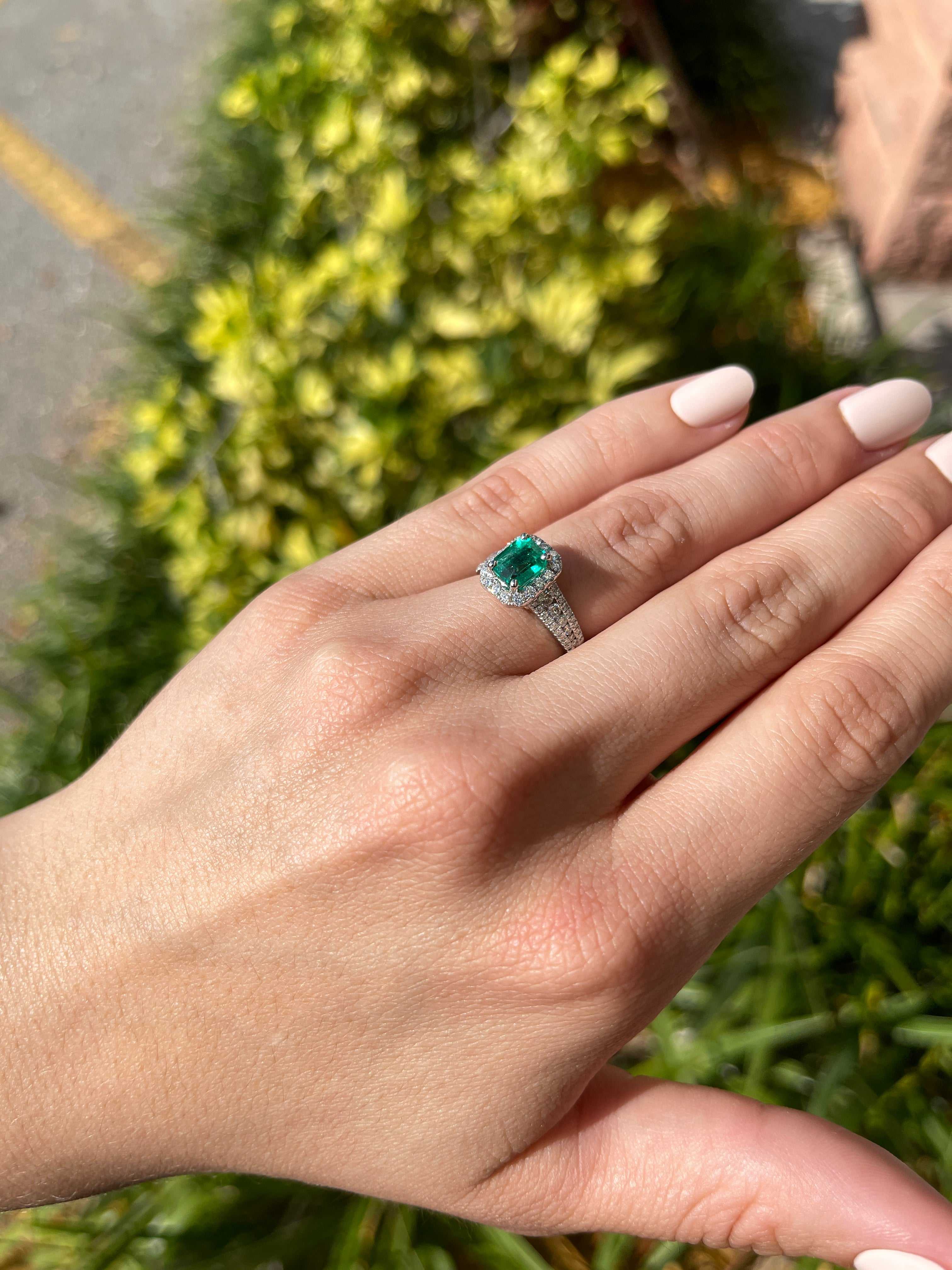 Emerald Diamond Halo White Gold Ring