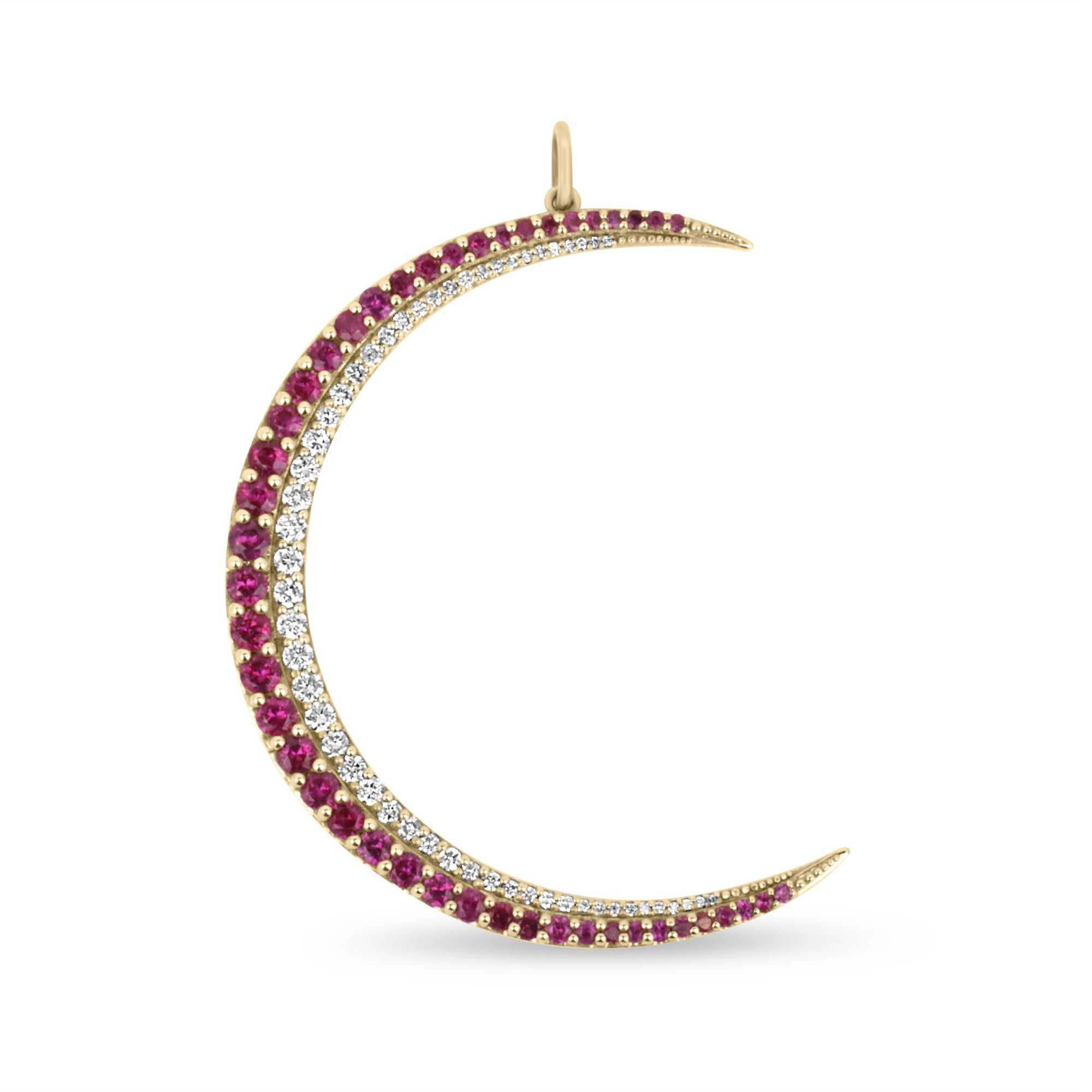 2.47tcw 14K Round Ruby & Diamond Crescent Vertical Half Moon Pendant - JR Colombian Emeralds