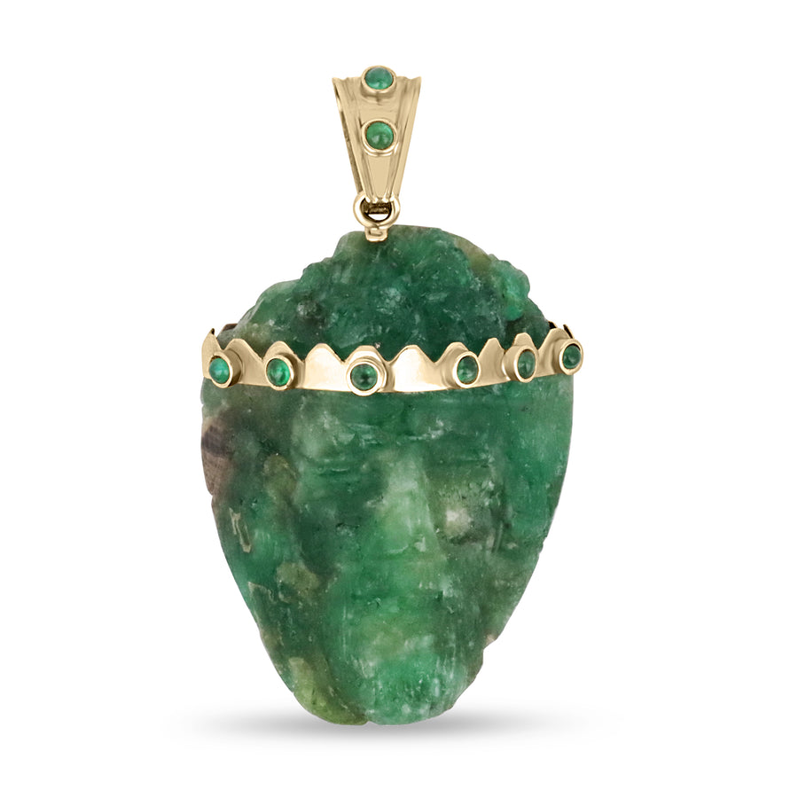 Jesus Christ With Crown - Rough Natural Emerald Crystal Pendant 18K