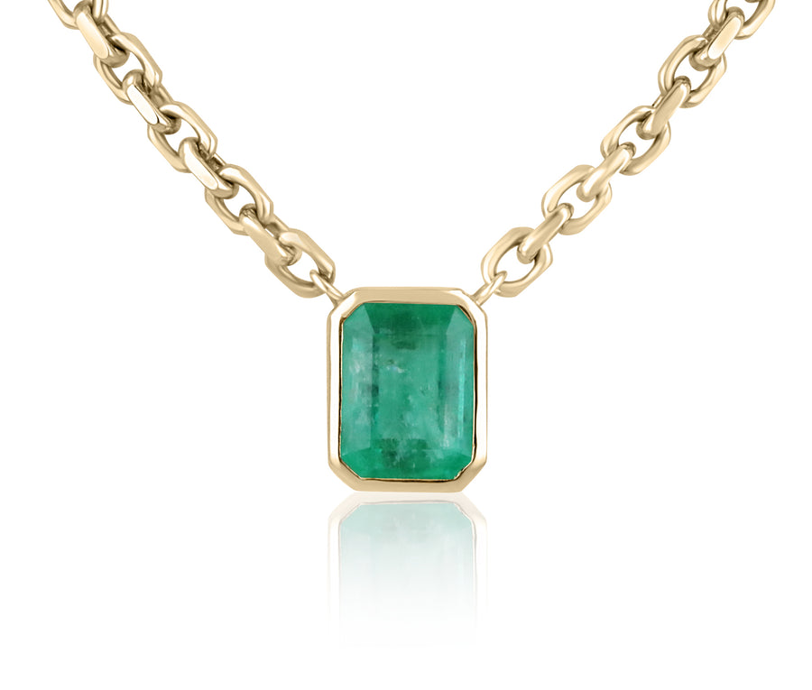 7.61 Carat Natural Colombian Emerald Bezel Set Unisex Solitaire Necklace 14K