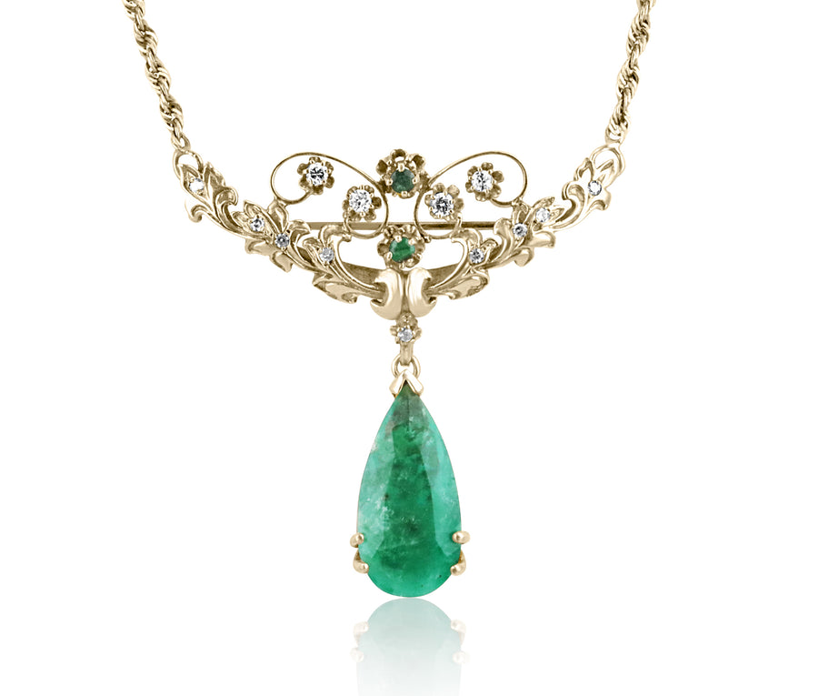 14.97tcw Vintage Pear Colombian Emerald & Diamond Necklace/Brooch 14K 