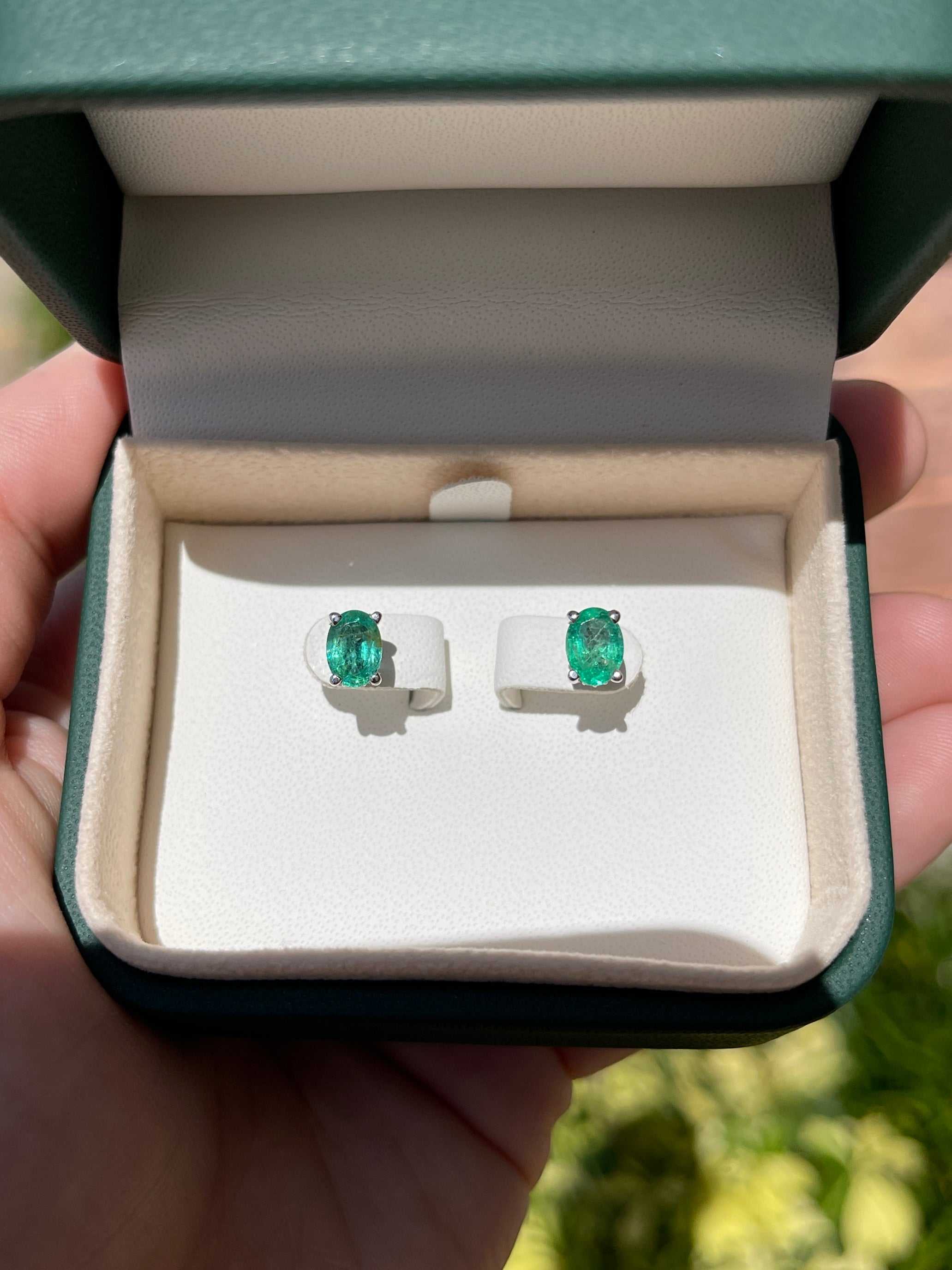 1.95tcw Natural Oval Emerald & Diamond Hidden Halo Stud Earrings 14K - JR Colombian Emeralds