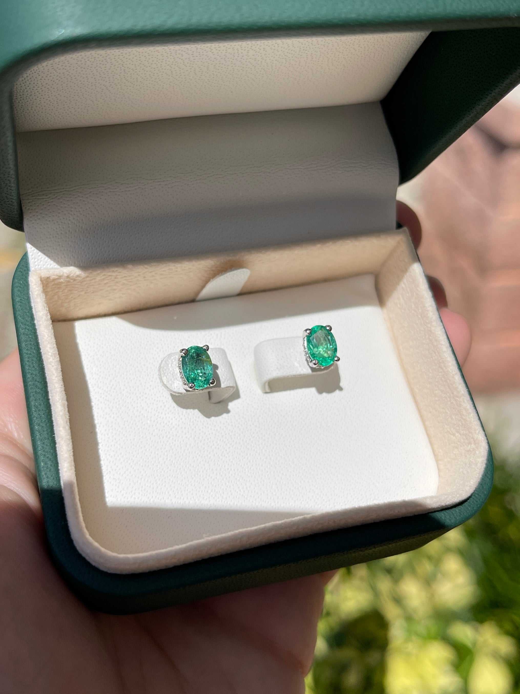 1.95tcw Natural Oval Emerald & Diamond Hidden Halo Stud Earrings 14K - JR Colombian Emeralds