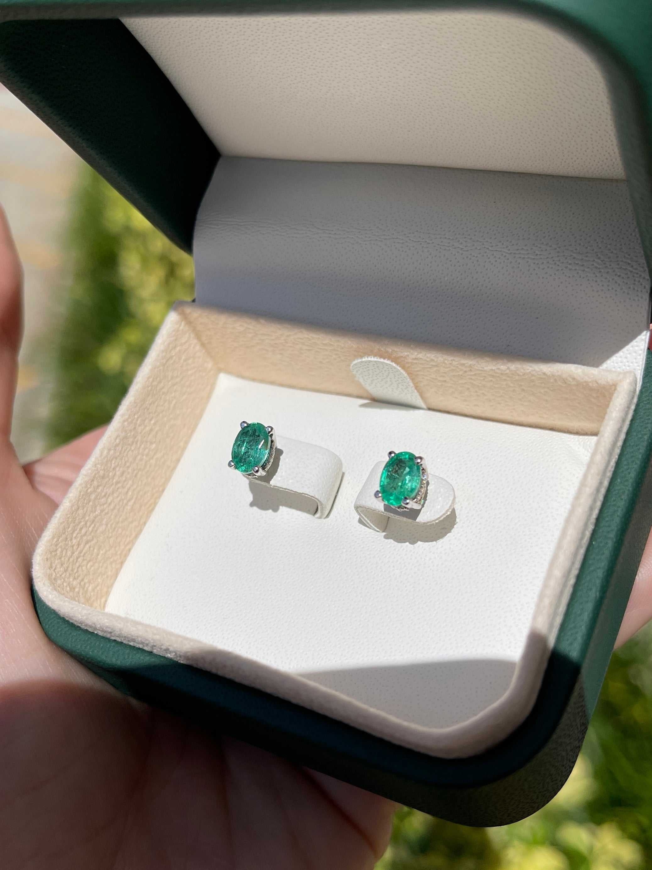 1.95tcw Natural Oval Emerald & Diamond Hidden Halo Stud Earrings 14K - JR Colombian Emeralds