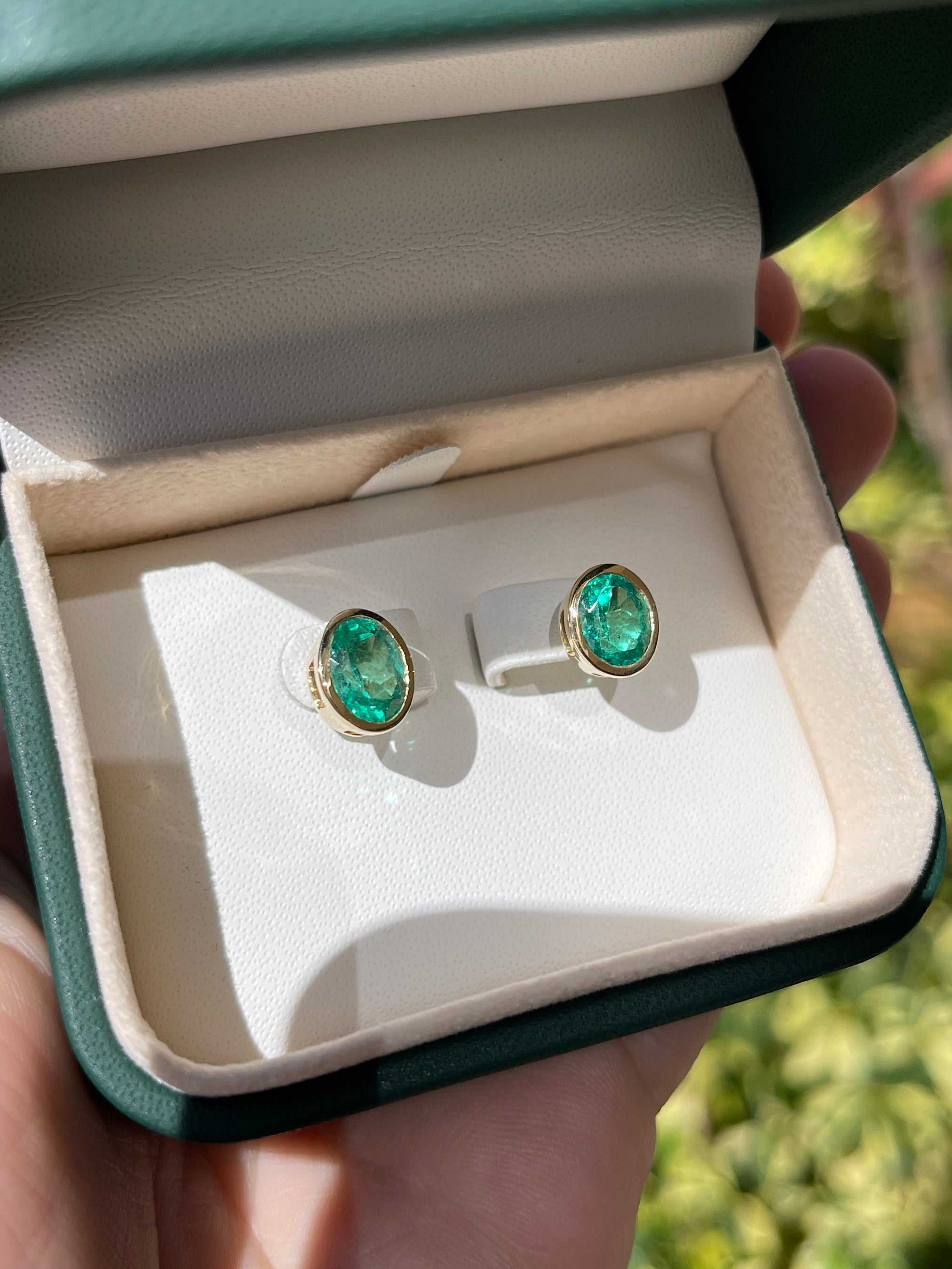 3.90tcw Vivacious Vivid Oval Bezel Set Earrings 18K High quality - JR Colombian Emeralds