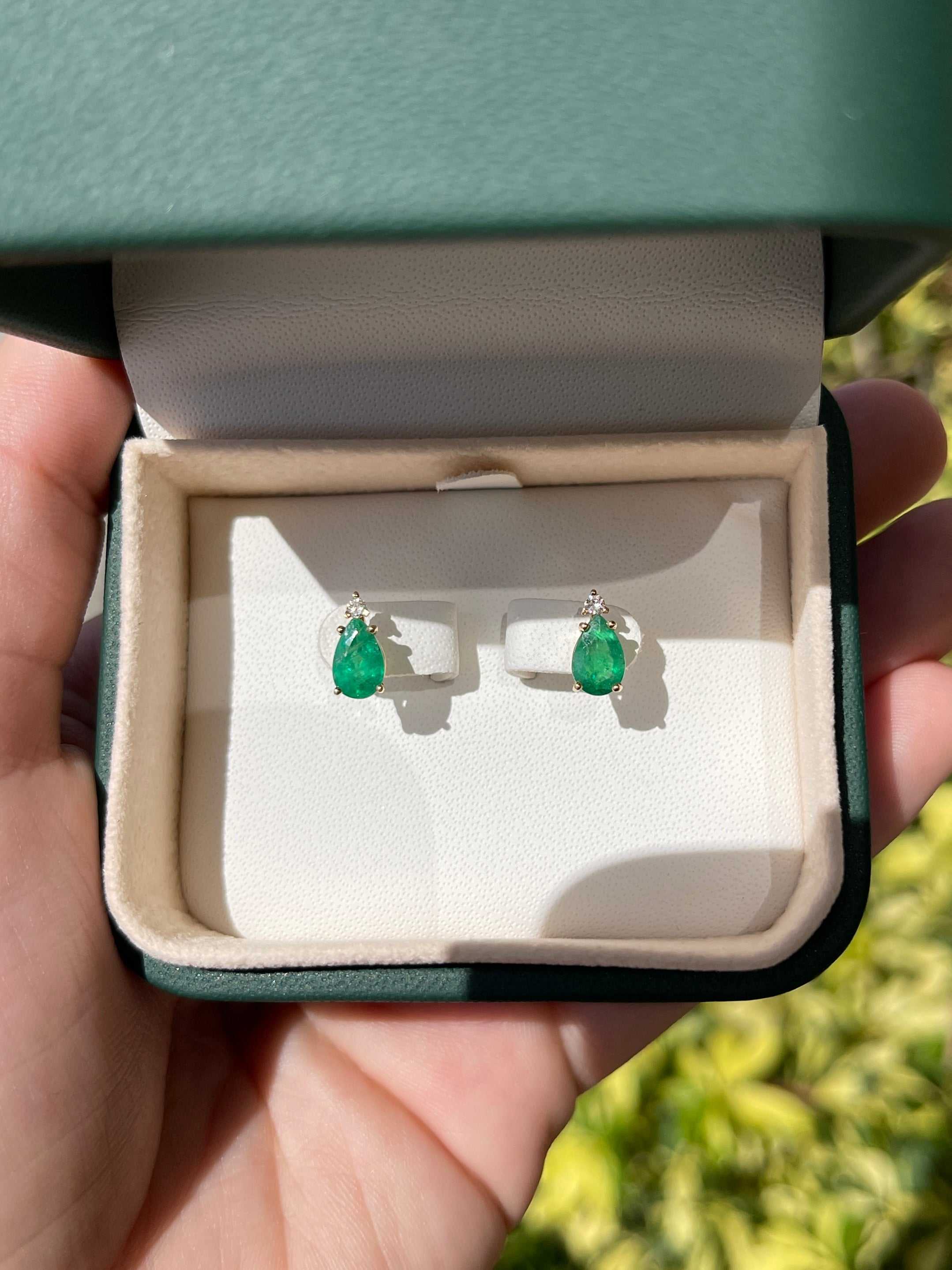 1.66tcw Tear Drop Natural Emerald & Diamond Stud Earrings 14K - JR Colombian Emeralds