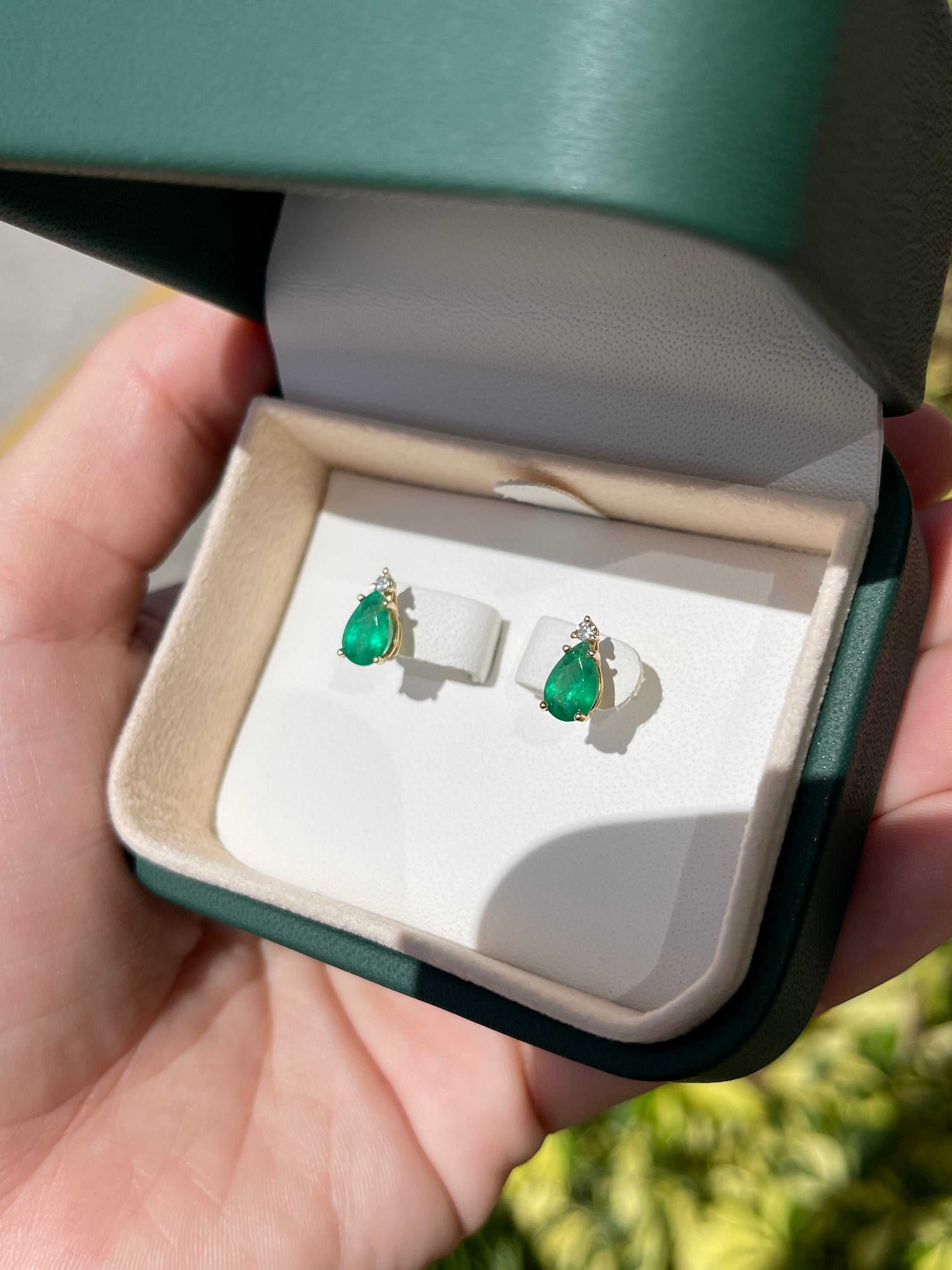 1.66tcw Tear Drop Natural Emerald & Diamond Stud Earrings 14K - JR Colombian Emeralds