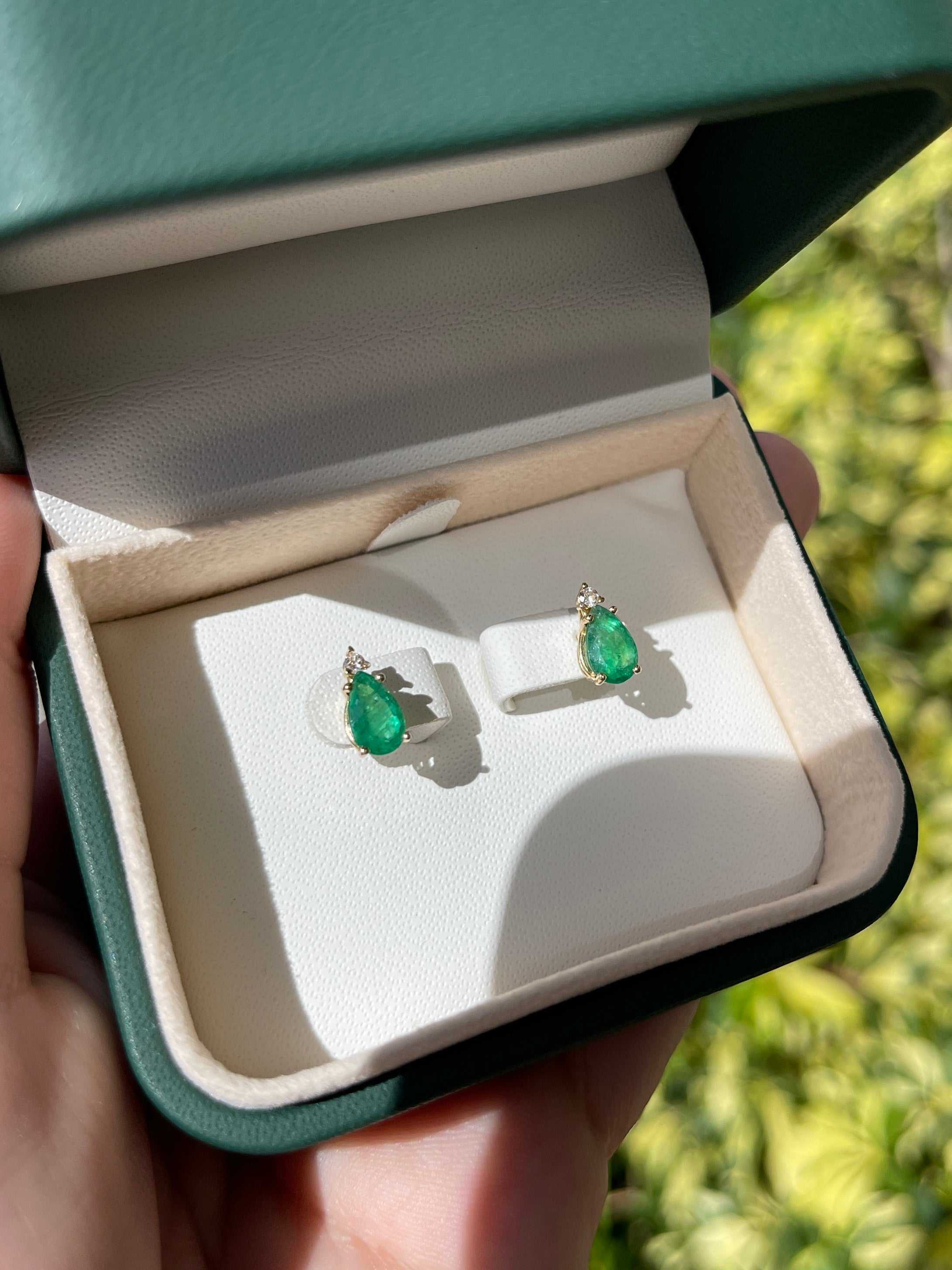 1.66tcw Tear Drop Natural Emerald & Diamond Stud Earrings 14K - JR Colombian Emeralds