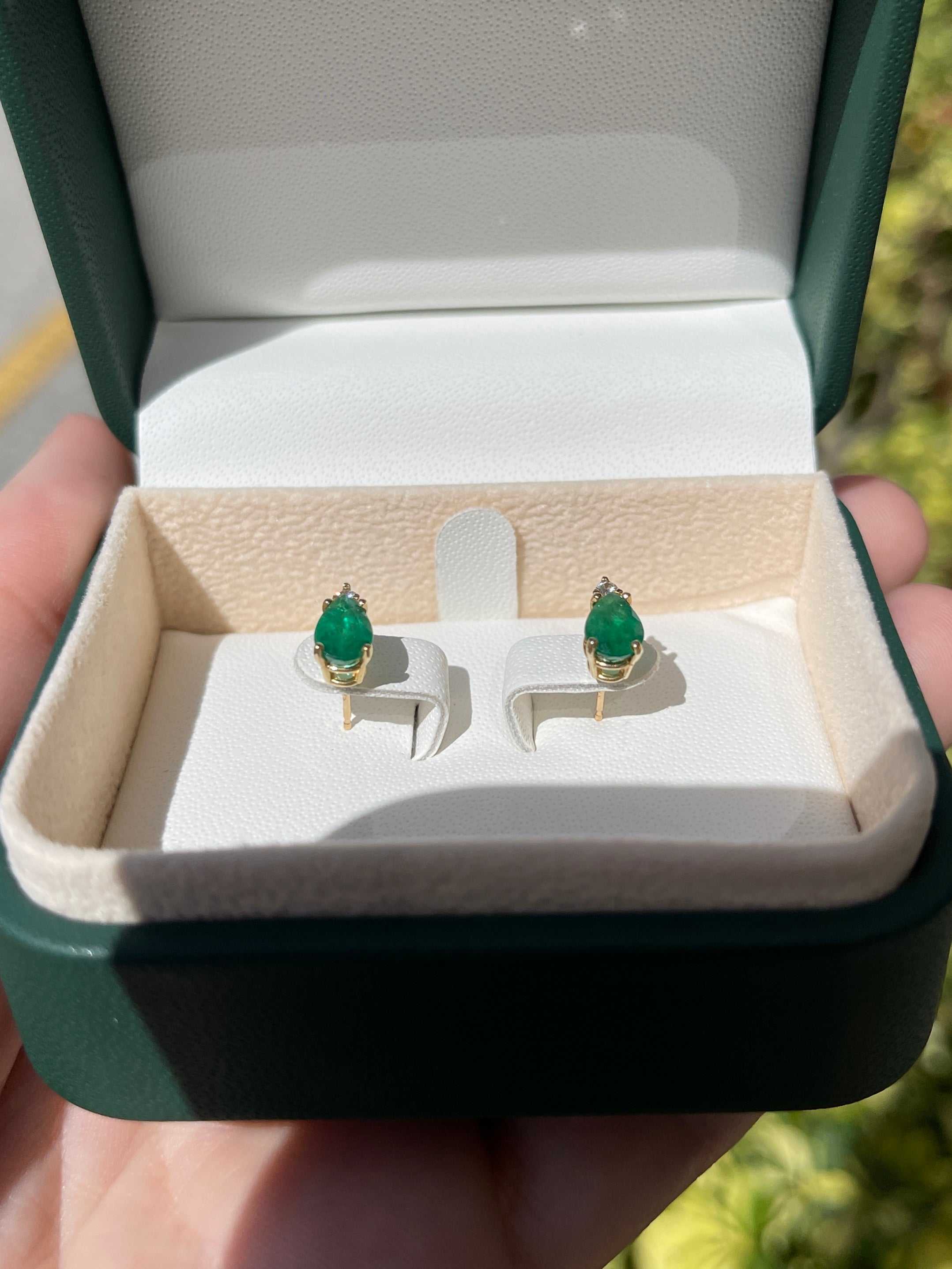 1.66tcw Tear Drop Natural Emerald & Diamond Stud Earrings 14K - JR Colombian Emeralds