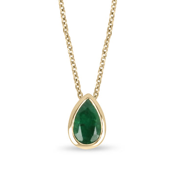 1.20 Carat Medium Rich Green Pear Cut Natural Emerald Bezel Slider Necklace 14K