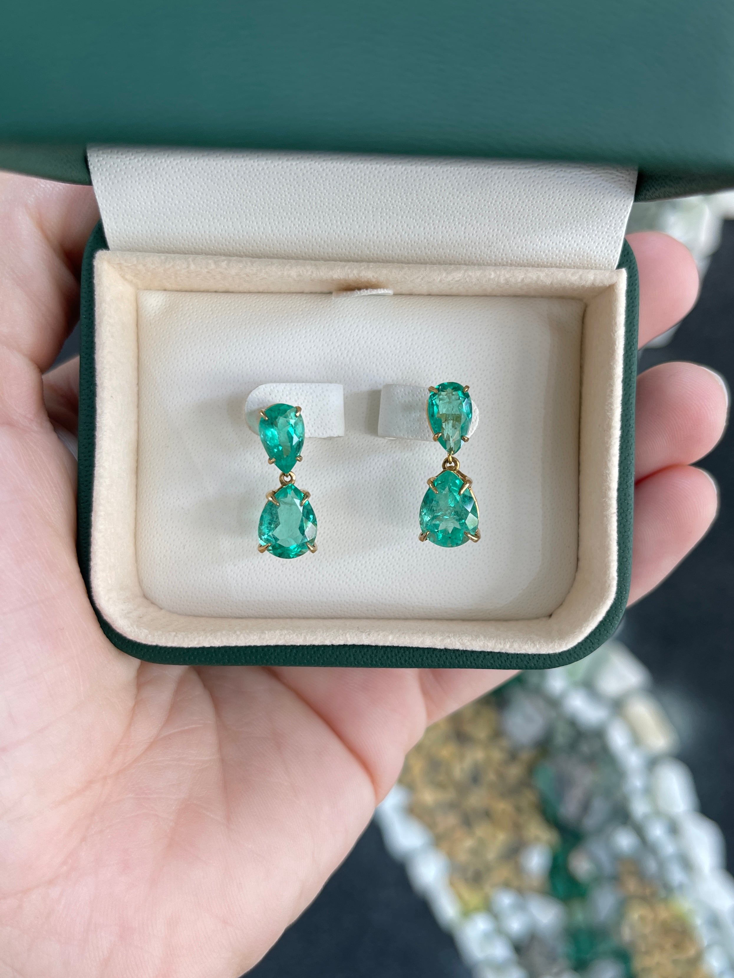 6.56tcw Emerald Dangle Stud 18K Yellow Gold Earrings - JR Colombian Emeralds