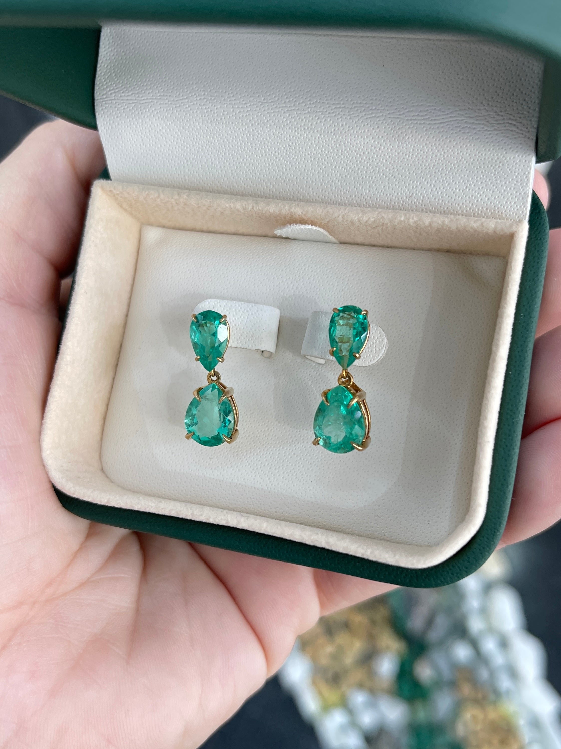 6.56tcw Emerald Dangle Stud 18K Yellow Gold Earrings - JR Colombian Emeralds