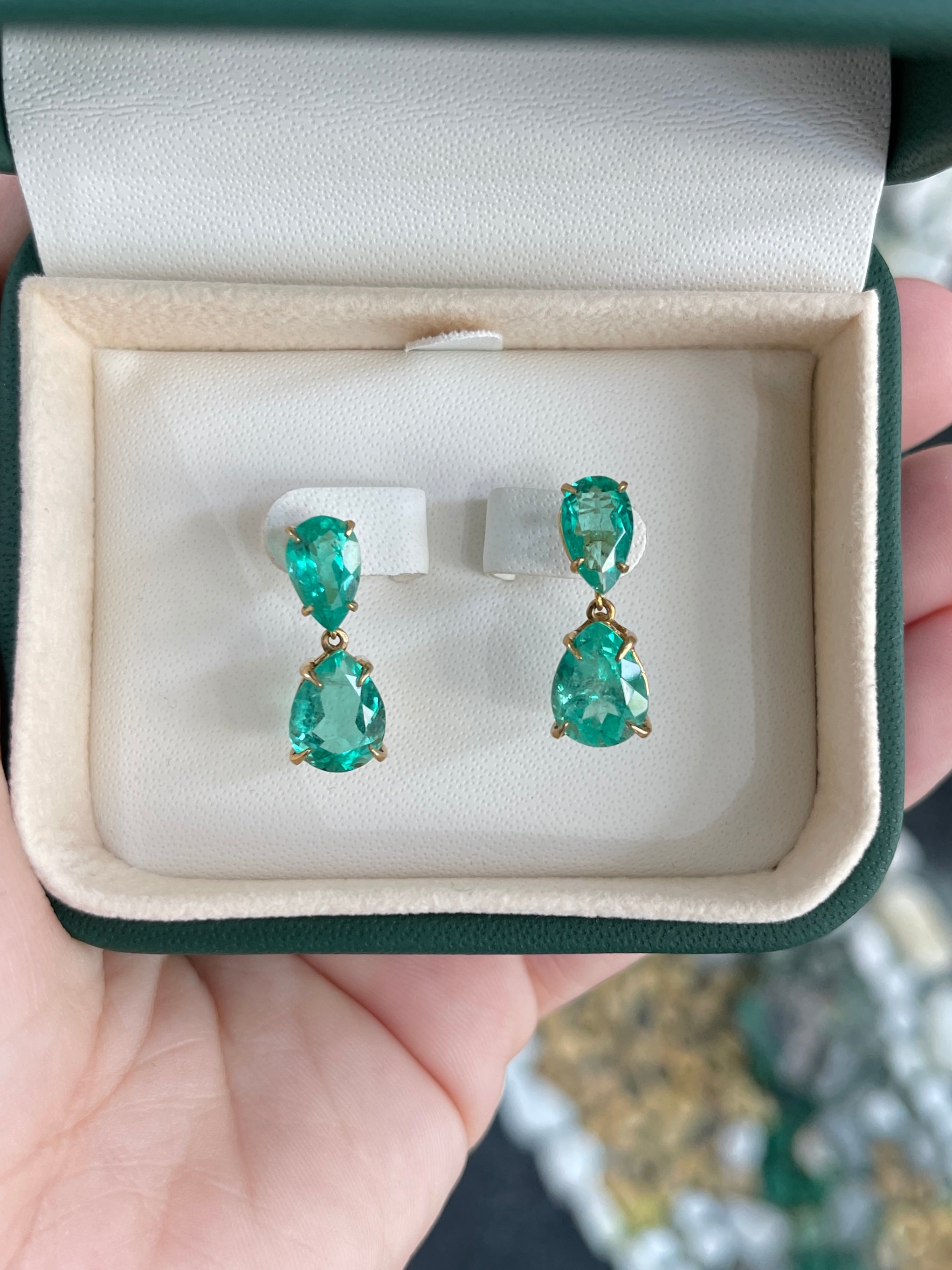 6.56tcw Emerald Dangle Stud 18K Yellow Gold Earrings - JR Colombian Emeralds