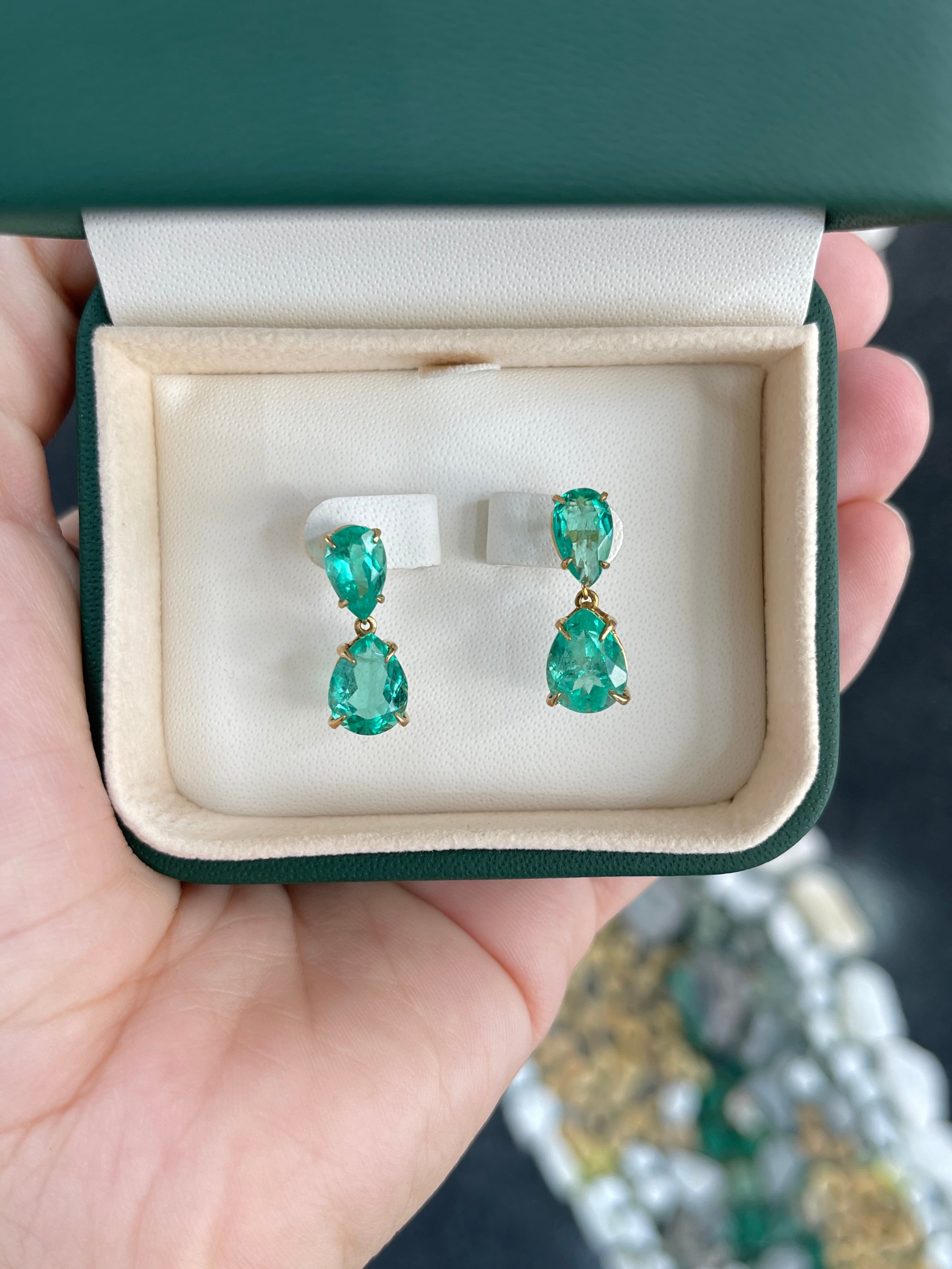 6.56tcw Emerald Dangle Stud 18K Yellow Gold Earrings - JR Colombian Emeralds