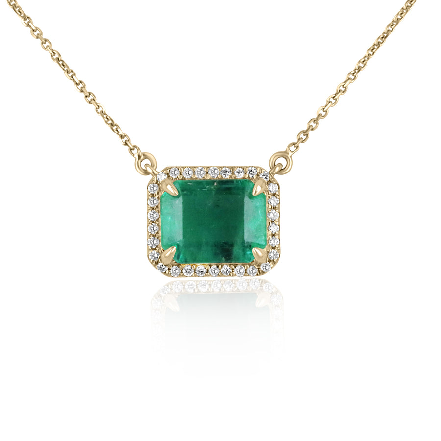 4.0tcw East To West Natural Rare Bluish Green Rectangle Emerald & Diamond Halo Stationary Necklace 14K